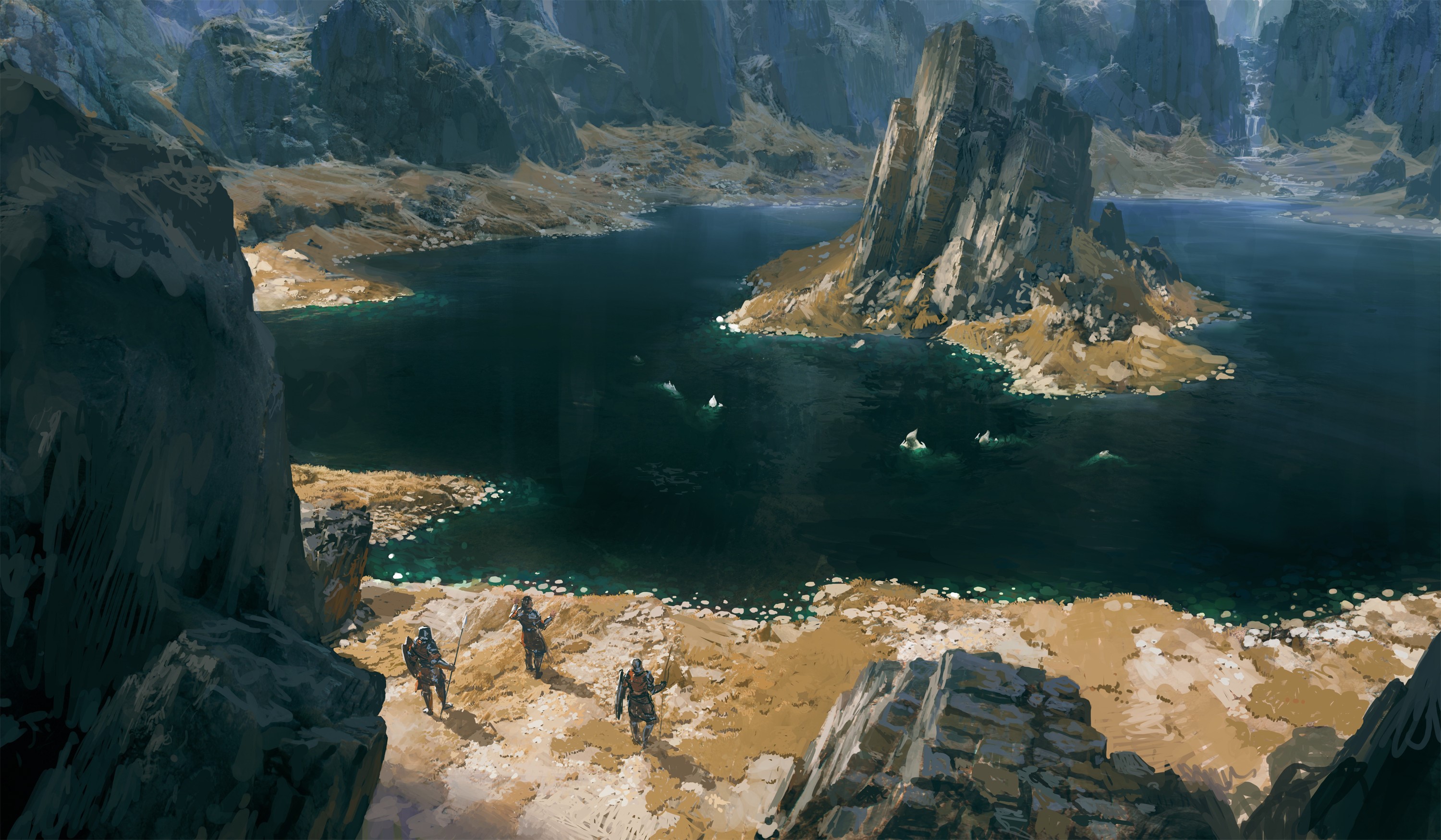 Fantasy art of knights by a lake with mountains HD Wallpaper