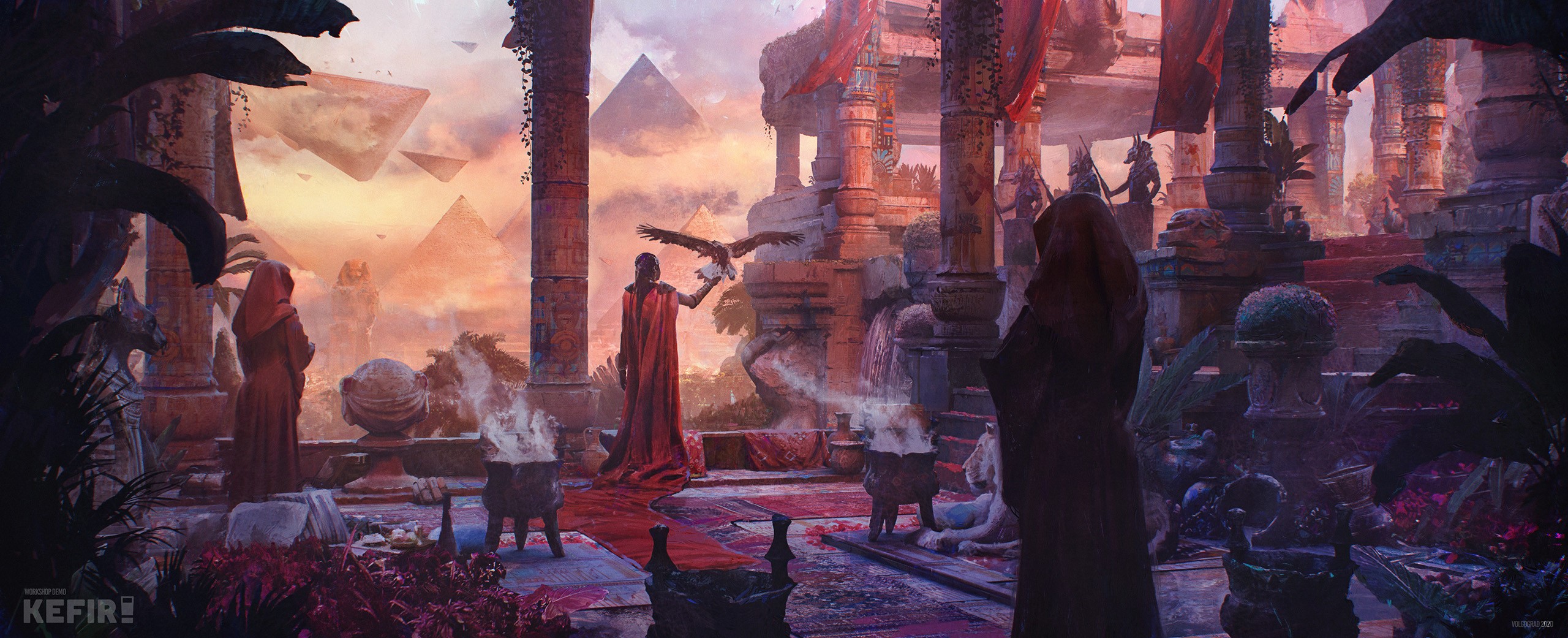 Fantasy art of a ritual with pyramids in the background HD Wallpaper