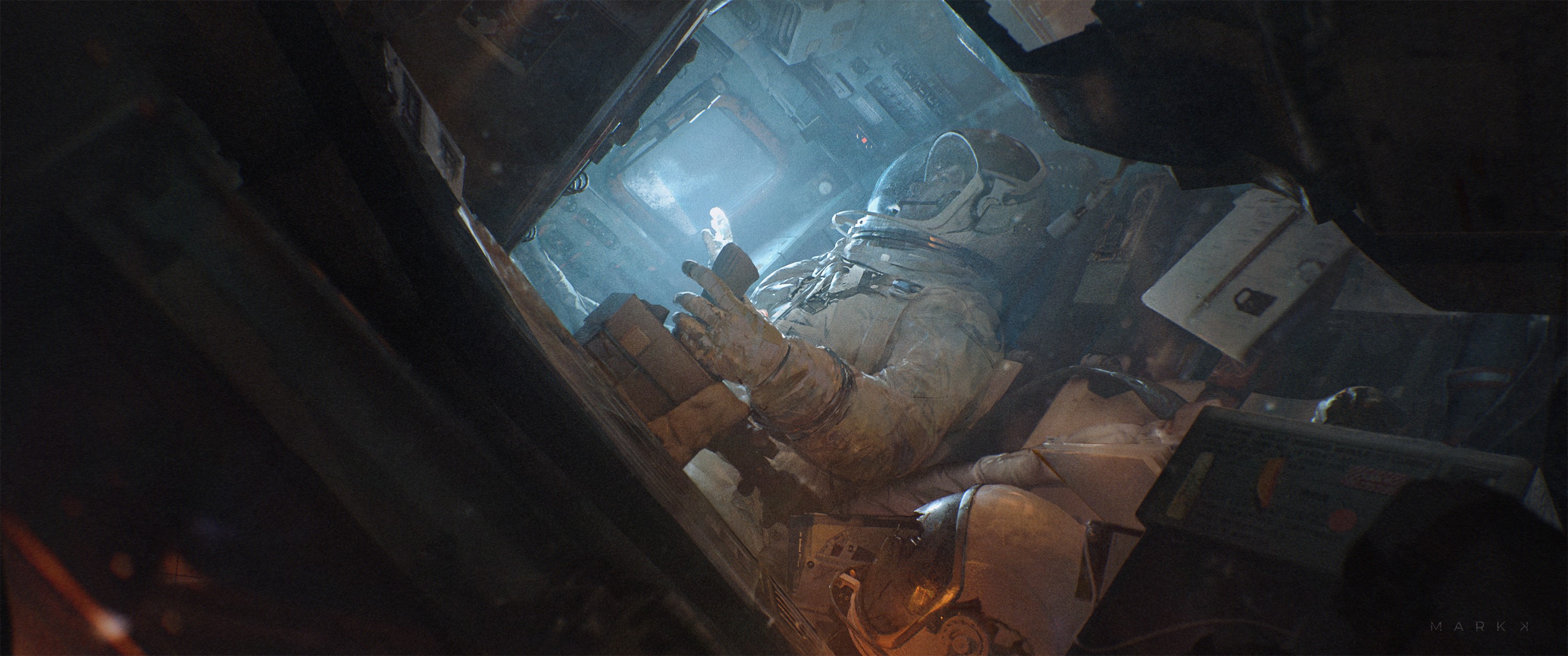 Astronaut in a spaceship interior HD Wallpaper