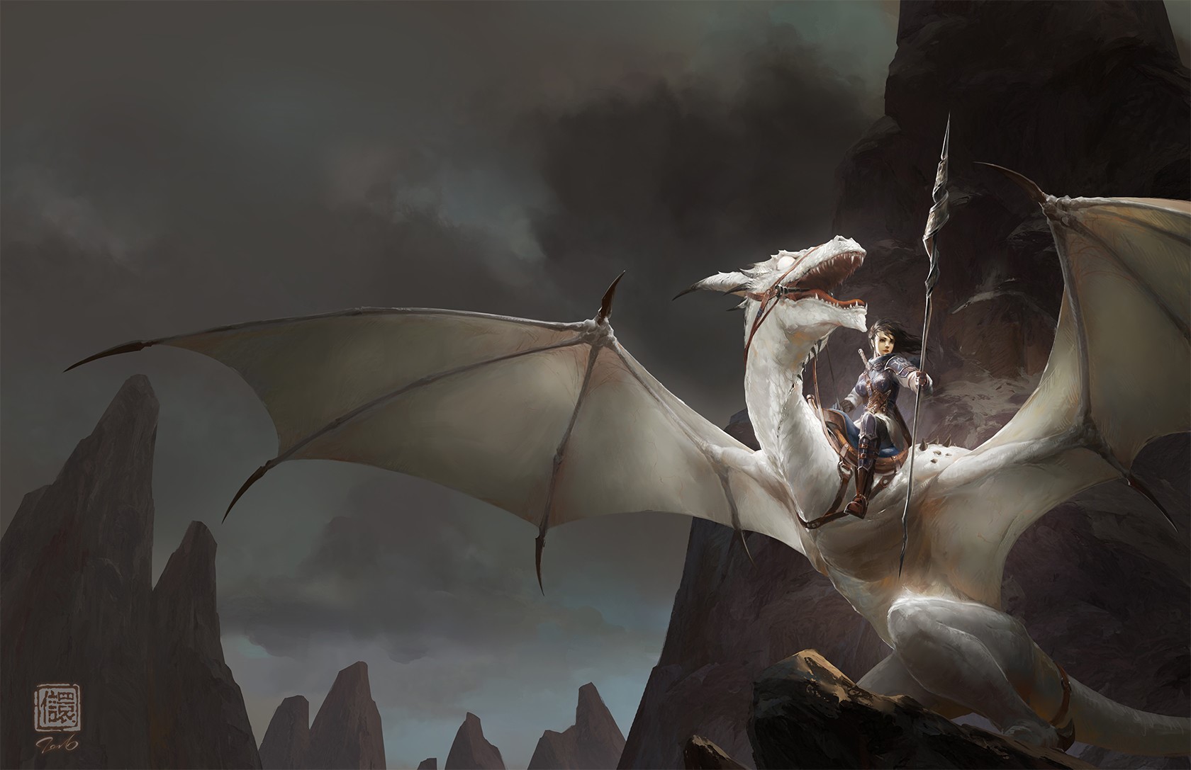 White Dragon with Rider in Rocky Landscape HD Wallpaper