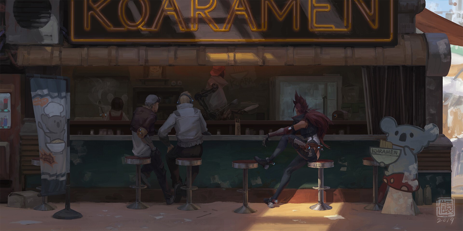 Ramen shop with patrons and a koala mascot HD Wallpaper