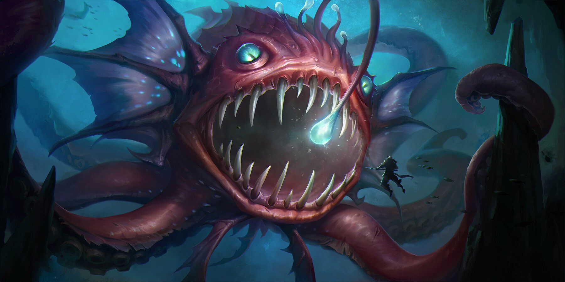 A giant anglerfish with a human-like lure and a small warrior HD Wallpaper