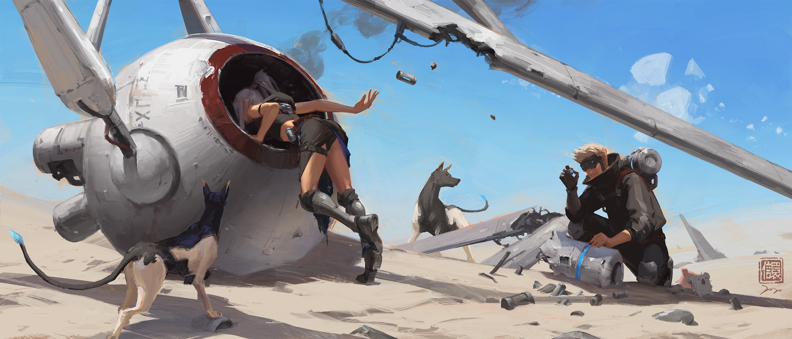 Post-apocalyptic scene with survivors and dogs near a crashed aircraft HD Wallpaper