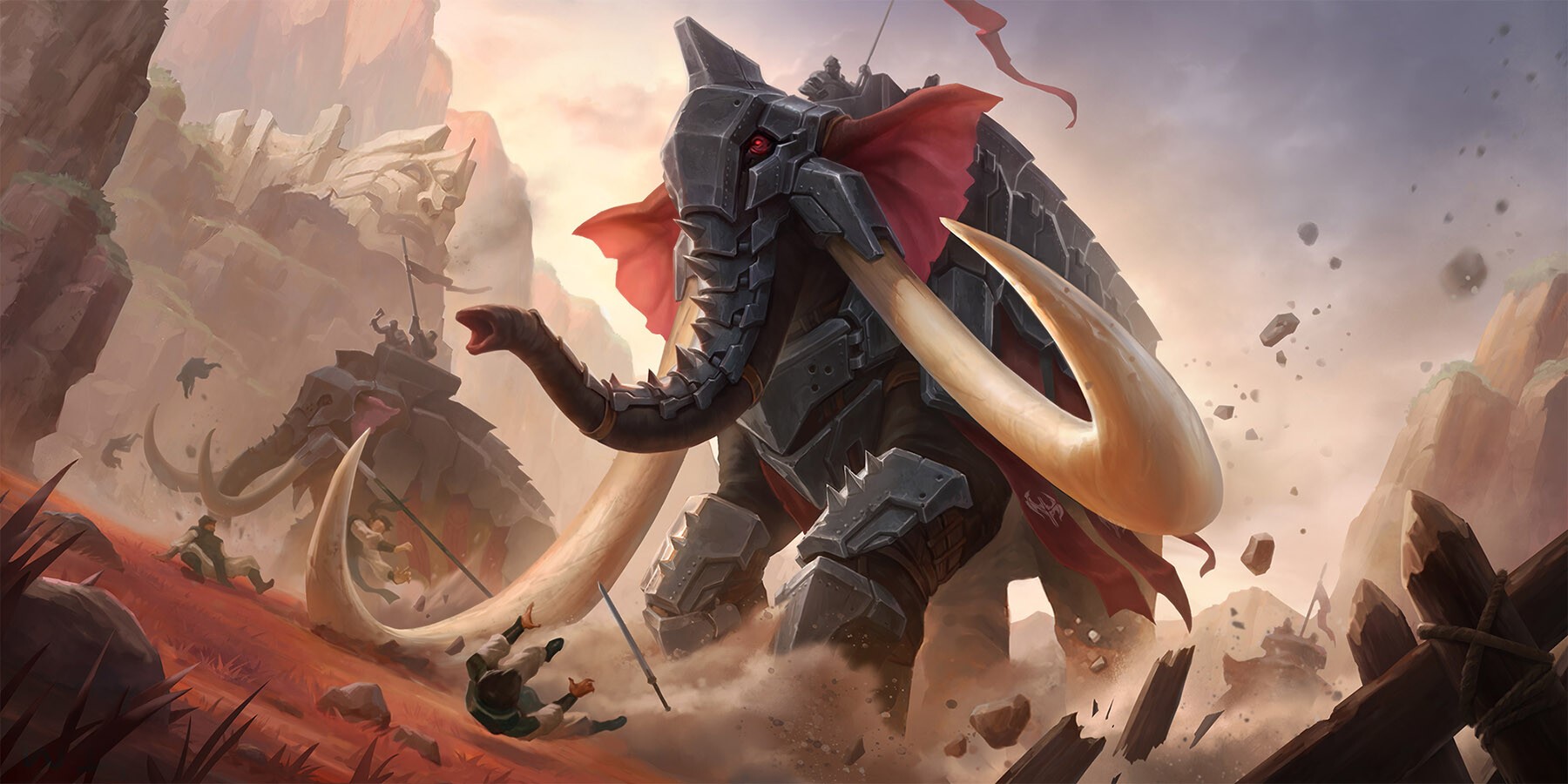 Fantasy battle with armored elephants and soldiers HD Wallpaper