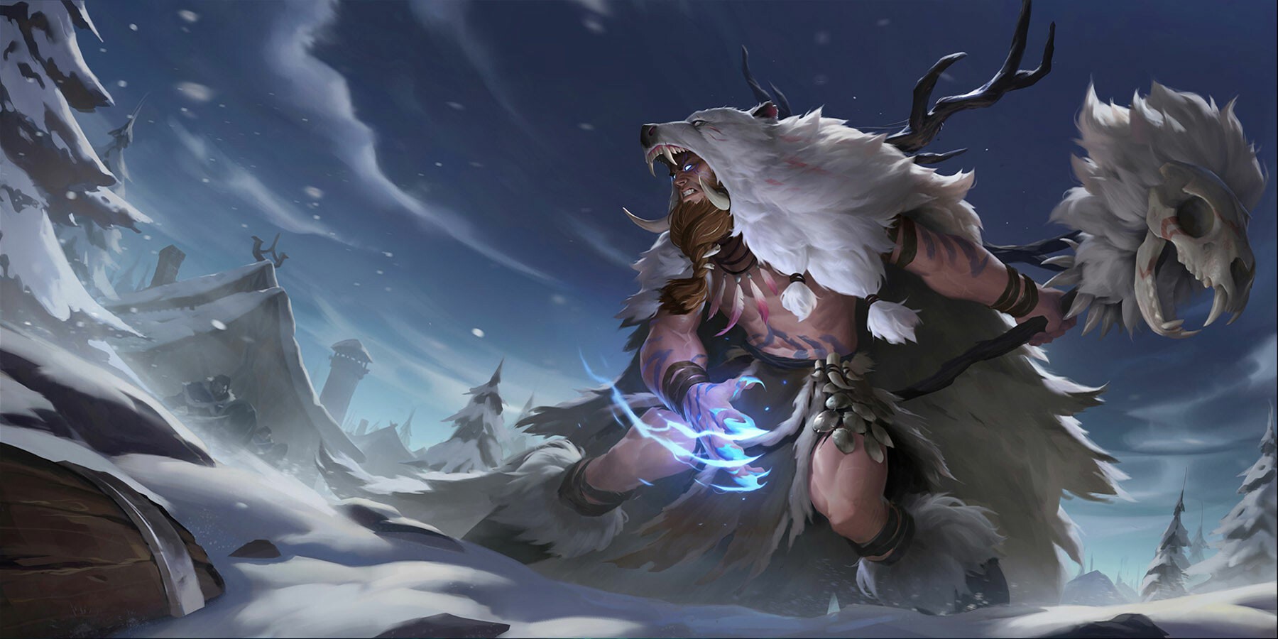 Fantasy warrior with bear and skull staff in snow HD Wallpaper