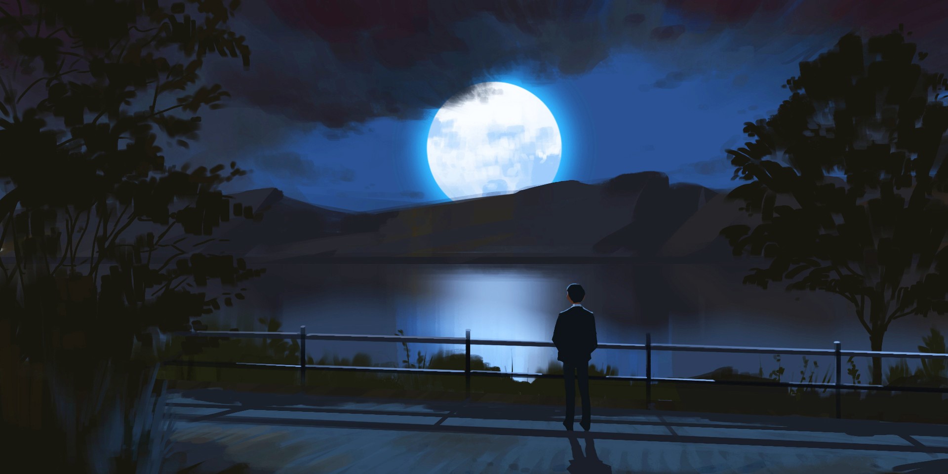 Man looking at the moon over a lake HD Wallpaper