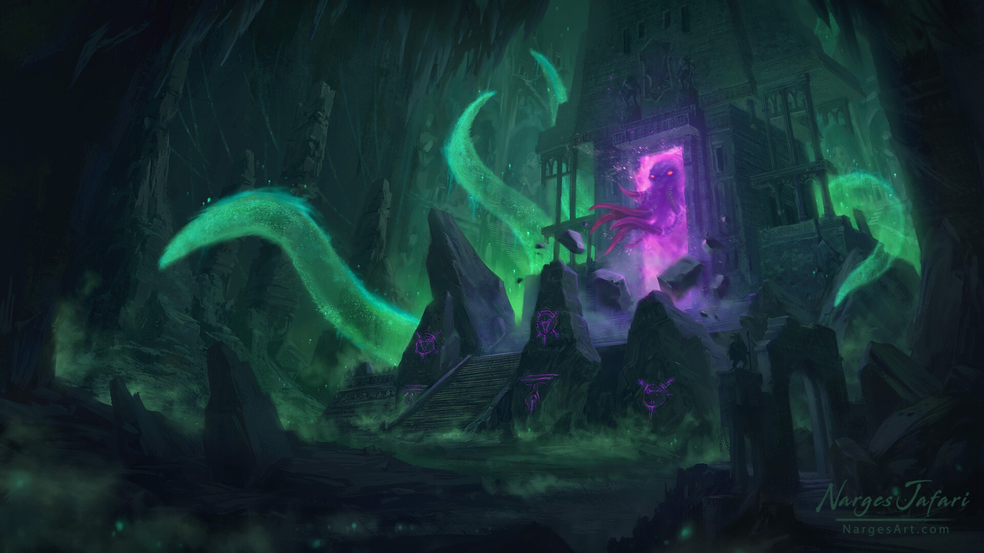 Tentacles emerging from a portal in a dark fantasy cave HD Wallpaper