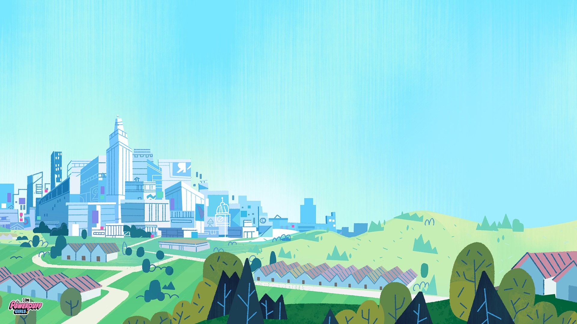 Powerpuff Girls Cityscape with Hills and Houses HD Wallpaper