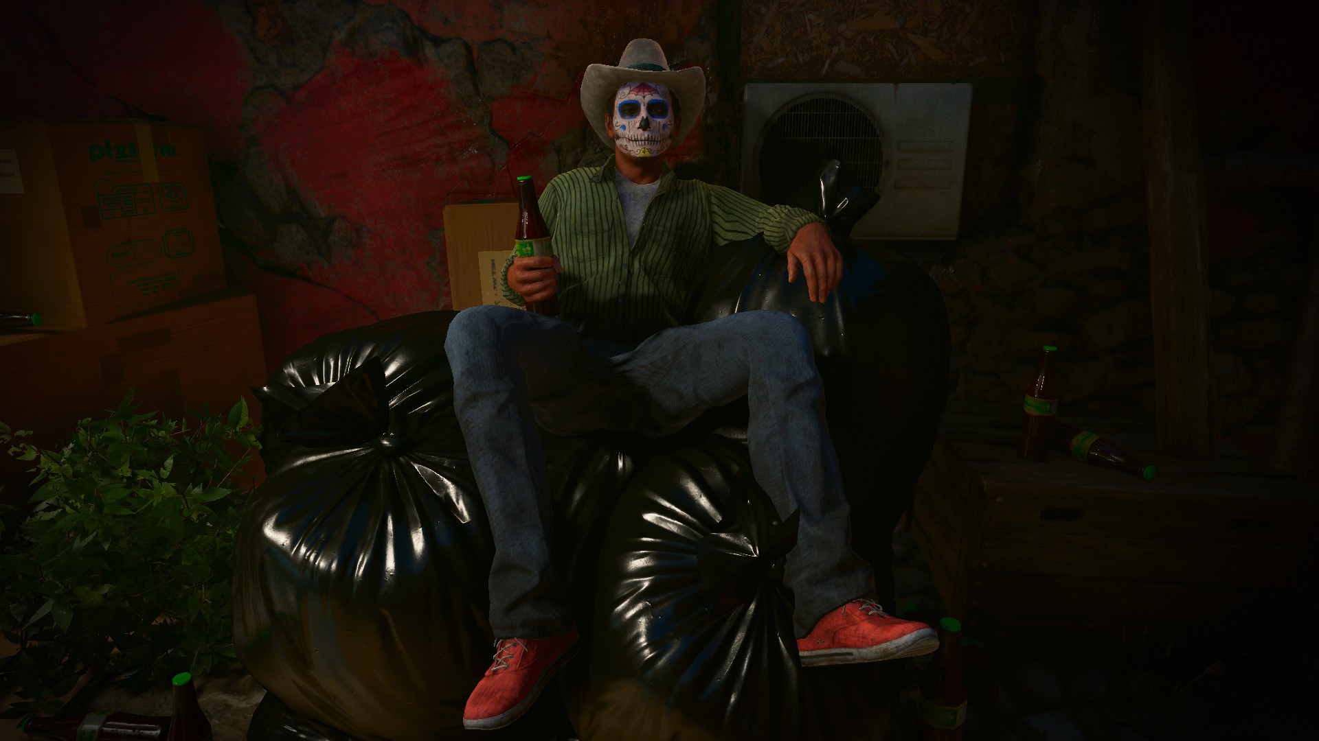 Man in skull mask and cowboy hat holding beer bottle HD Wallpaper