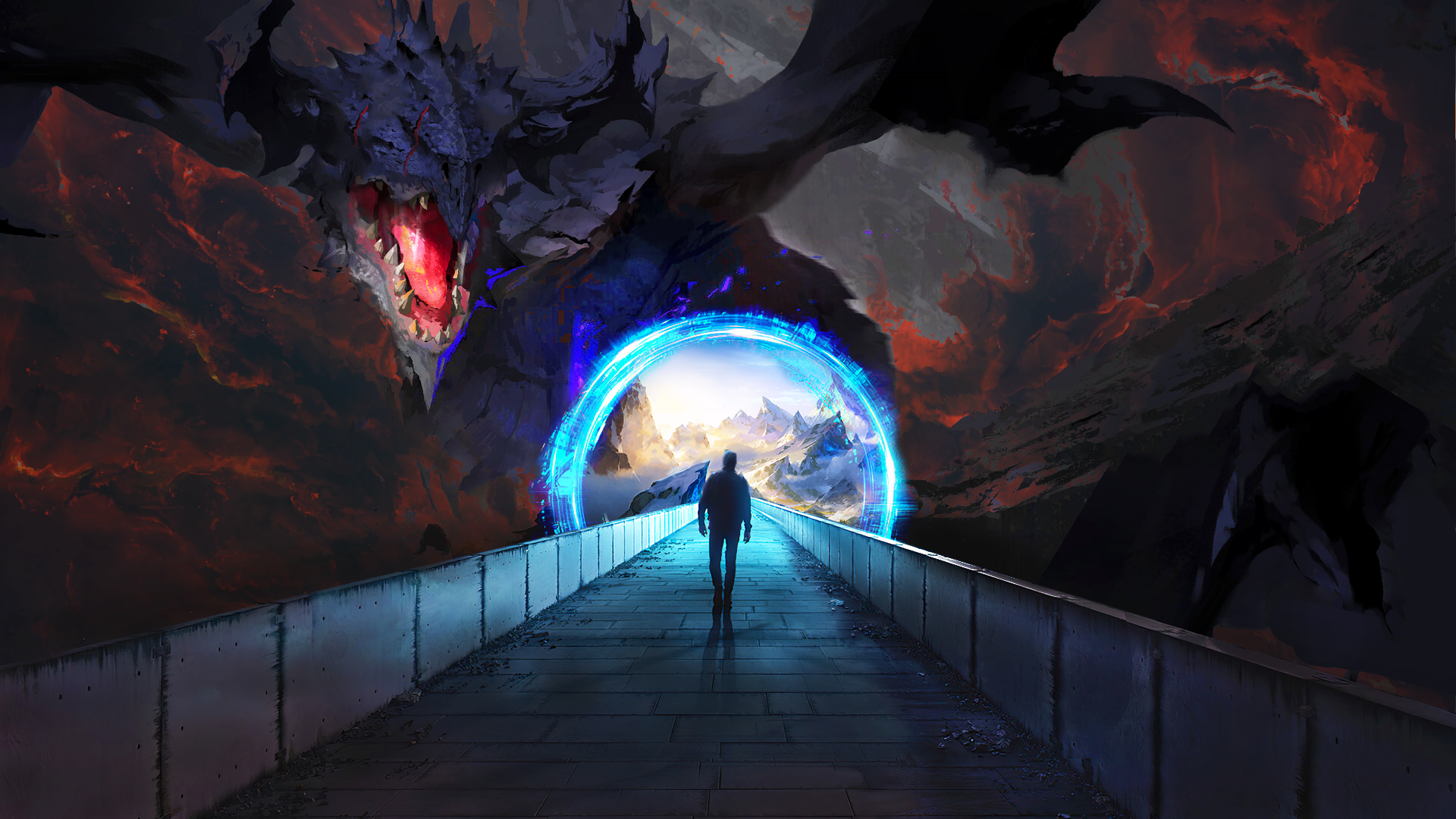Dragon emerging from fiery cave through a portal HD Wallpaper