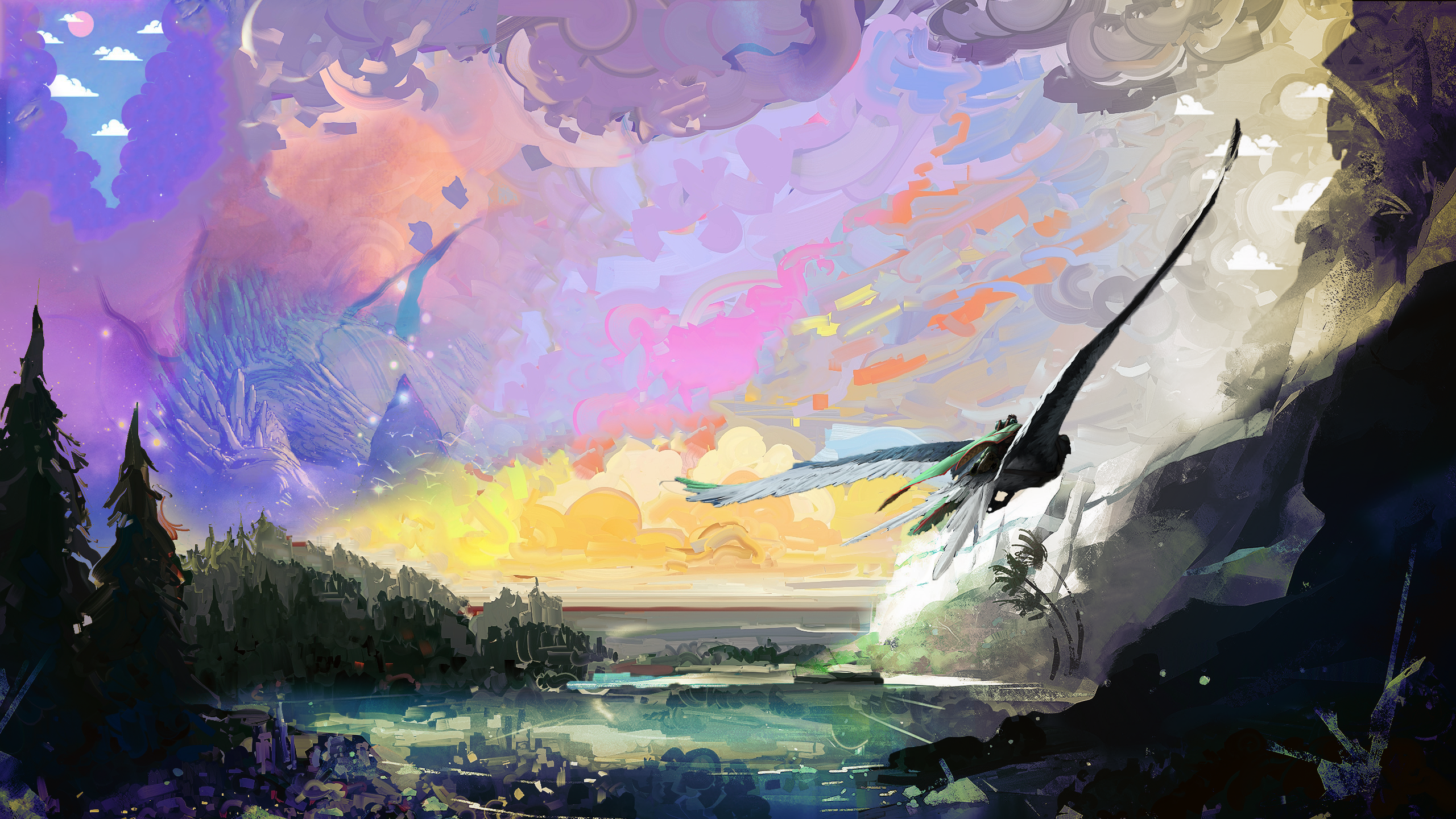 Dragon flying over a fantastical landscape with mountains and clouds HD Wallpaper