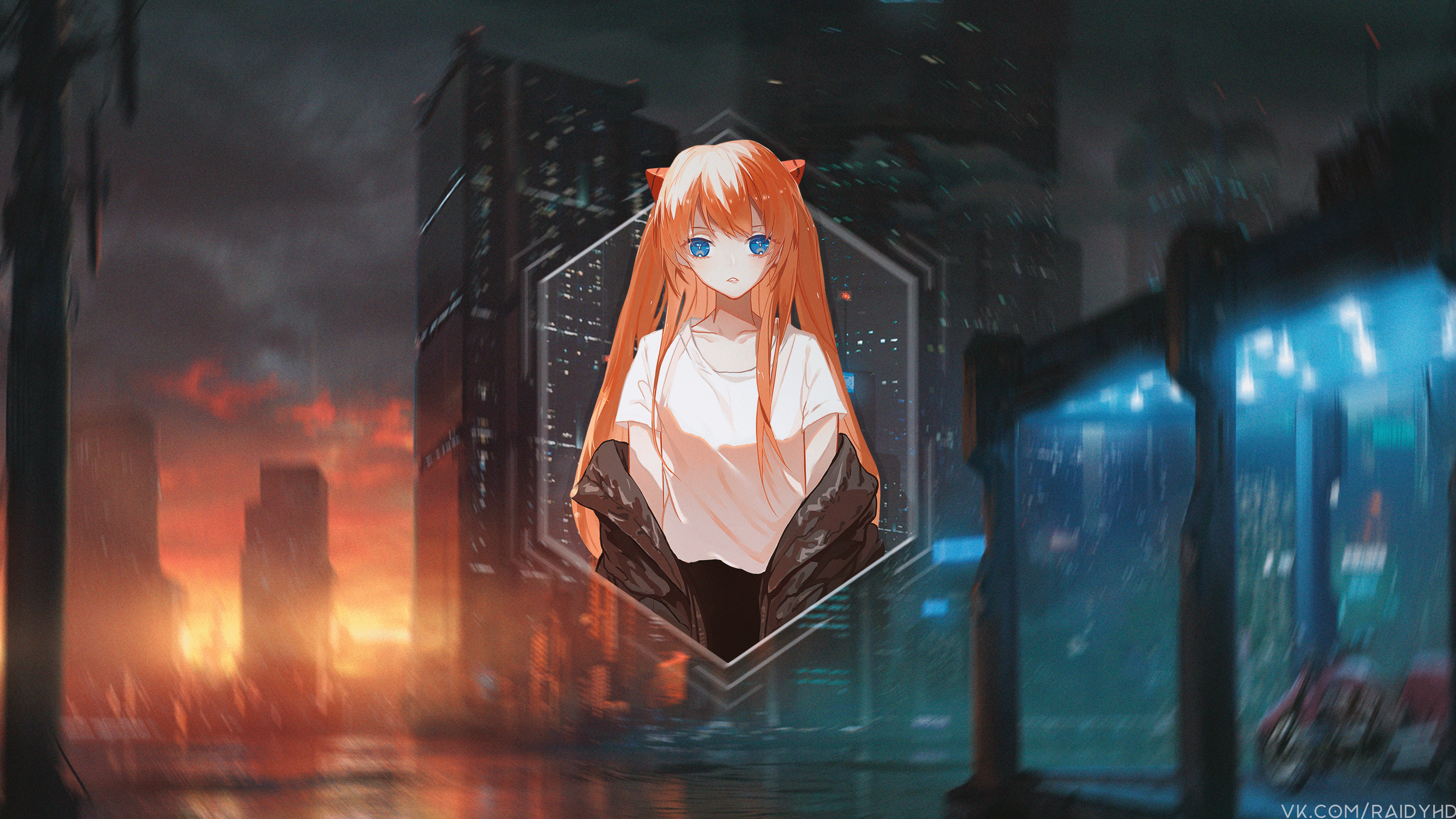 Asuka Langley Soryu from Neon Genesis Evangelion in futuristic city HD Wallpaper