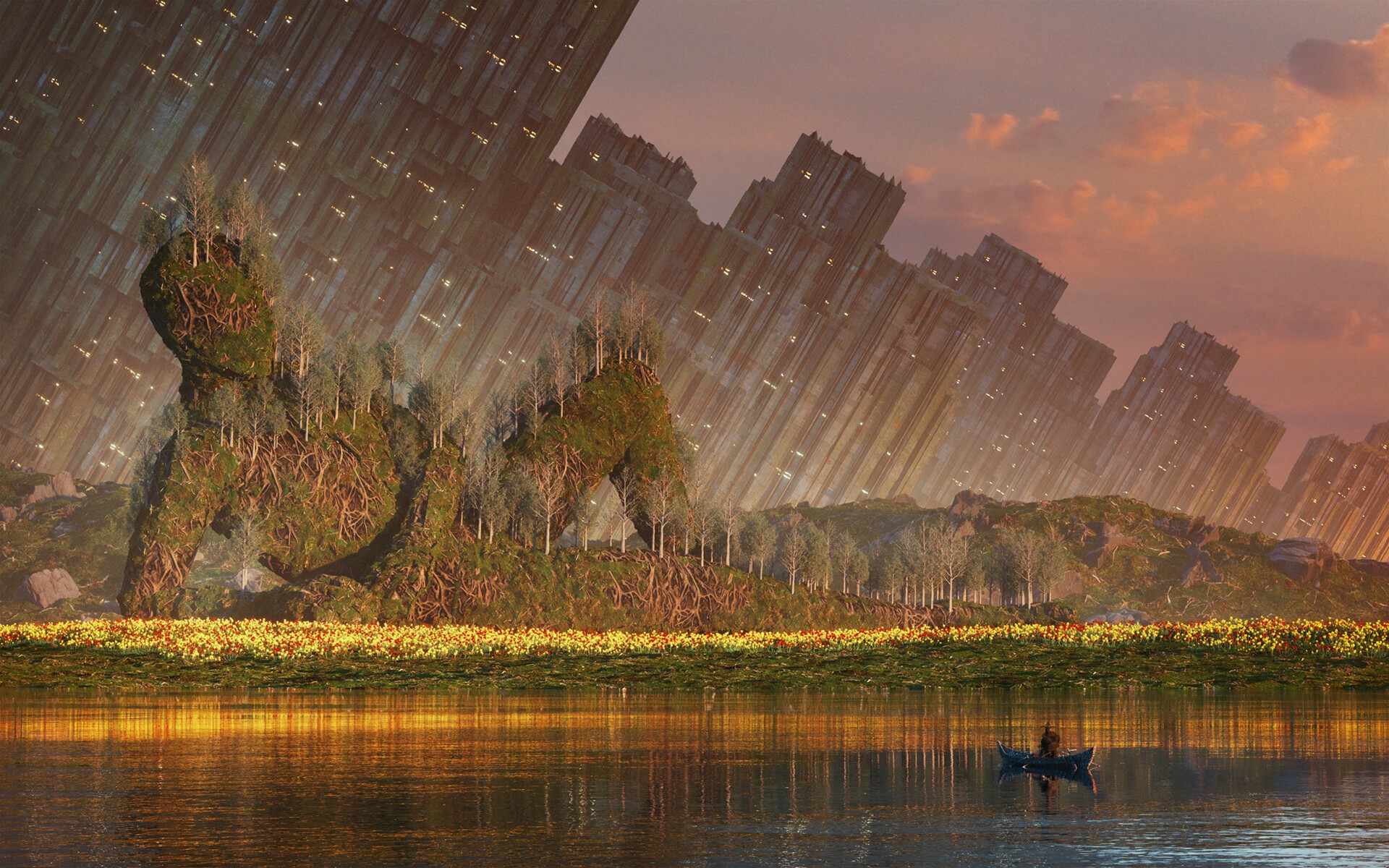 Giant moss-covered figure with trees and futuristic structures HD Wallpaper