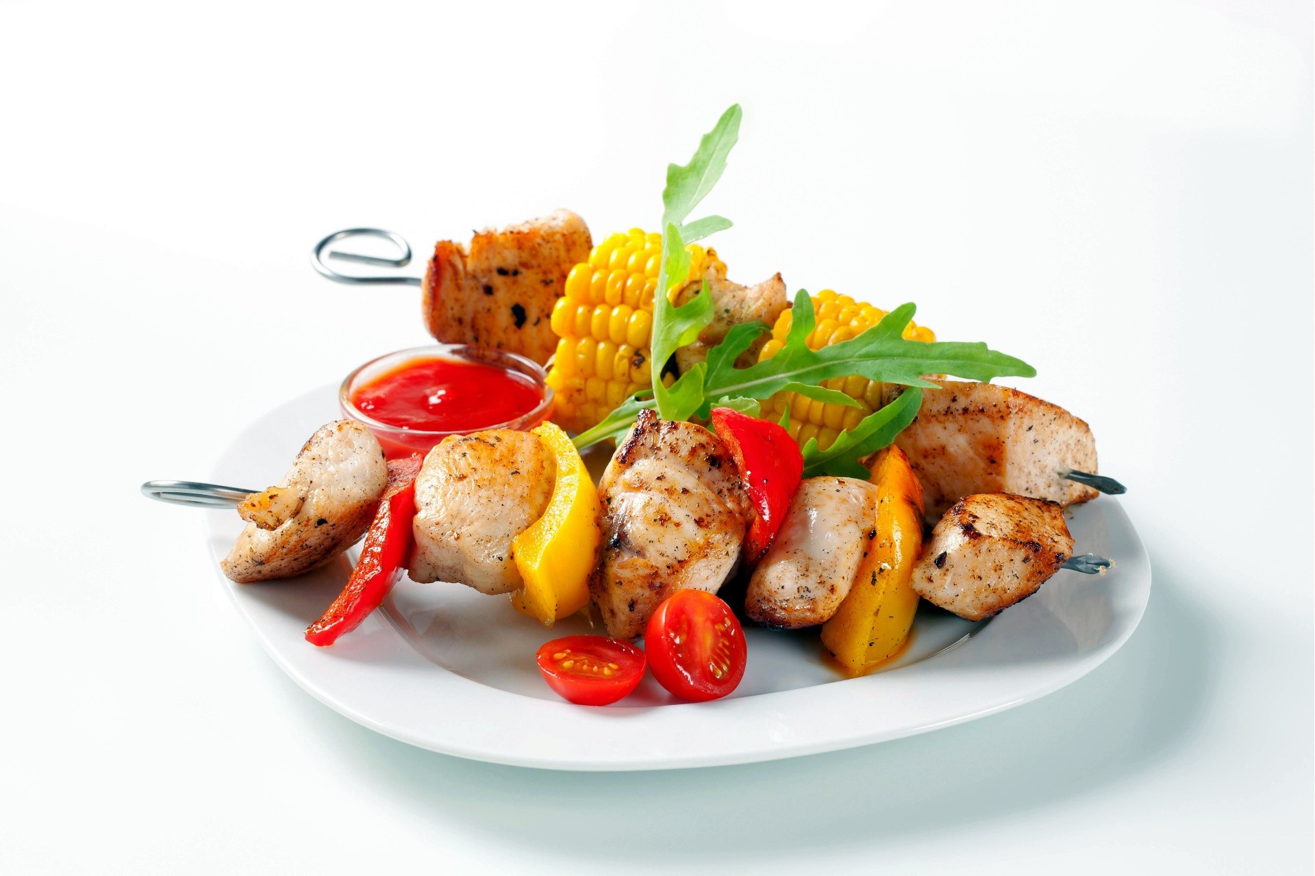 Chicken skewers with vegetables and dipping sauce HD Wallpaper