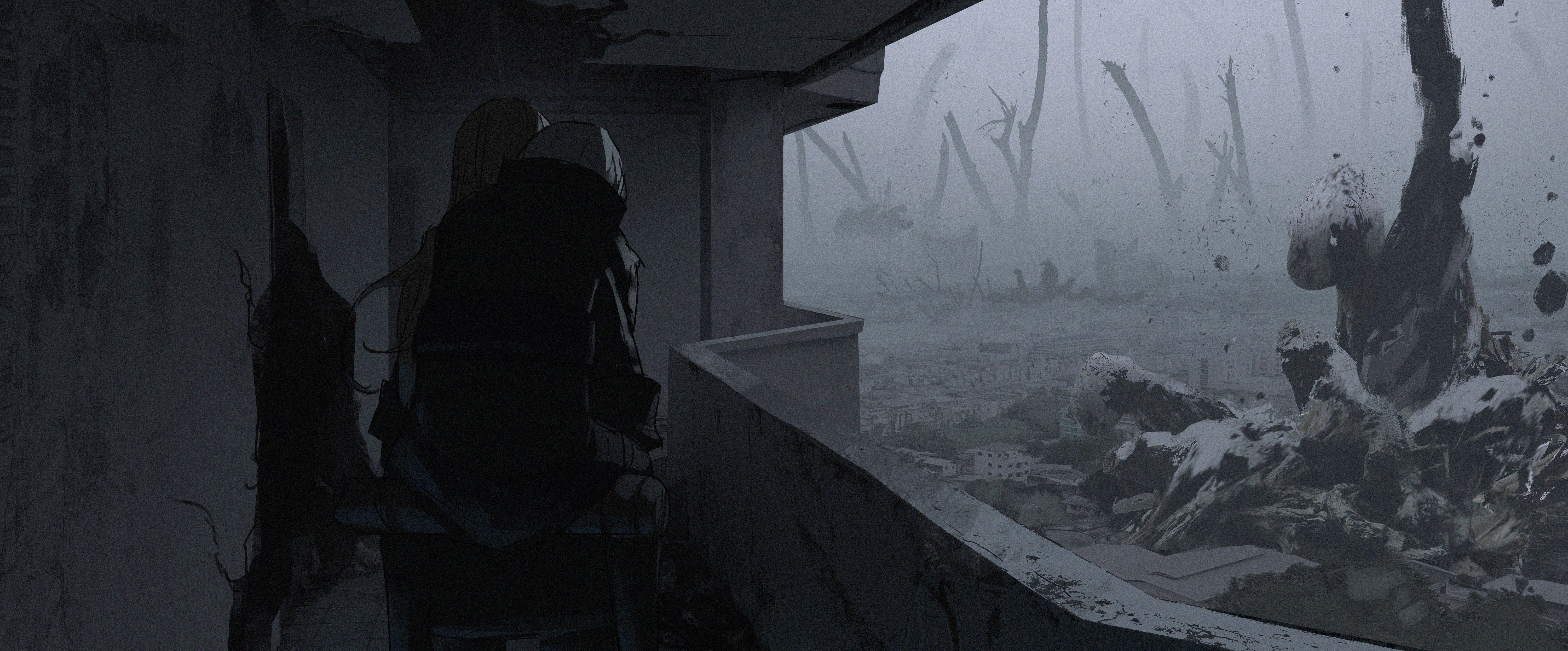 Two figures in a ruined city HD Wallpaper