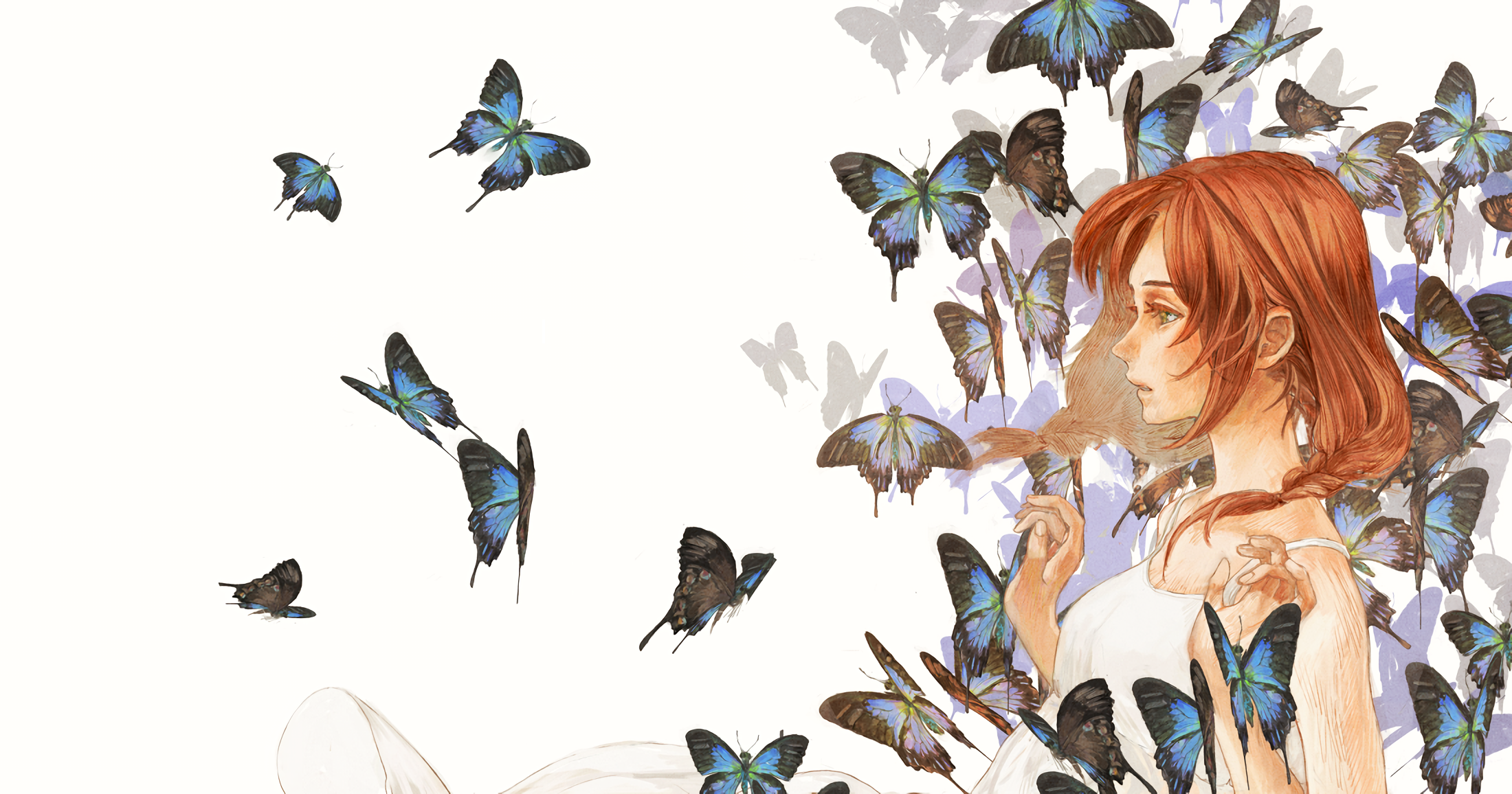 Anime girl surrounded by blue butterflies HD Wallpaper