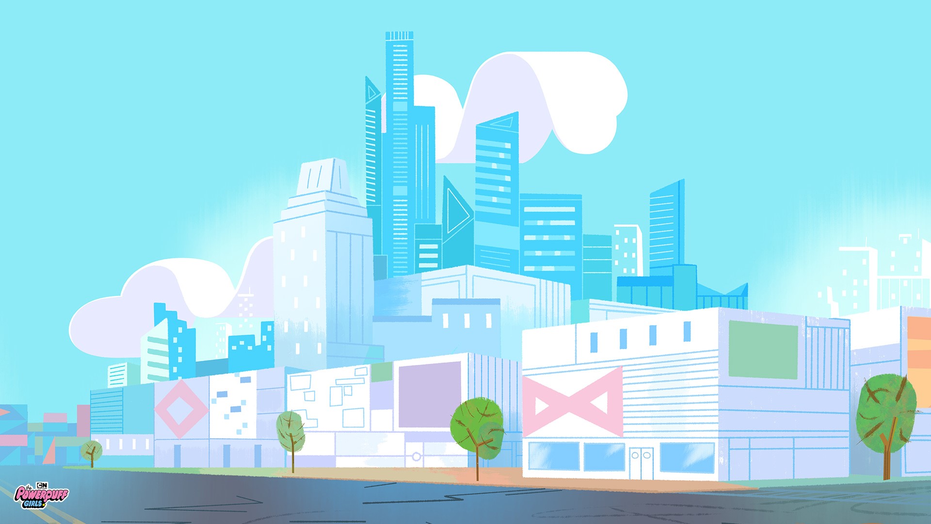 Cartoon Cityscape with Powerpuff Girls Logo HD Wallpaper