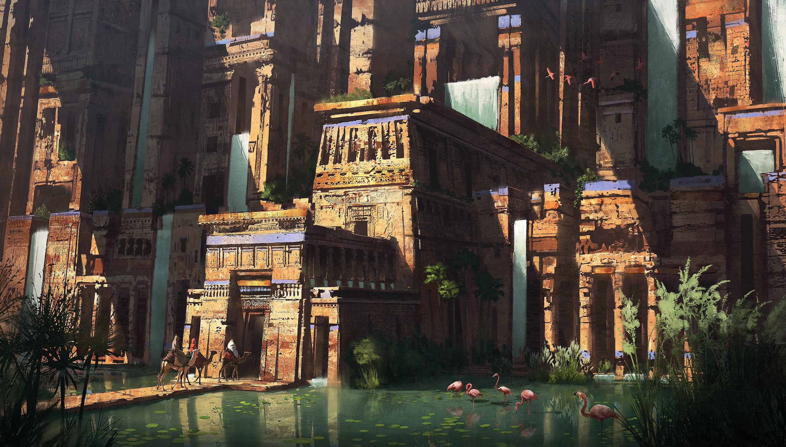 Ancient city with waterfalls and camels HD Wallpaper