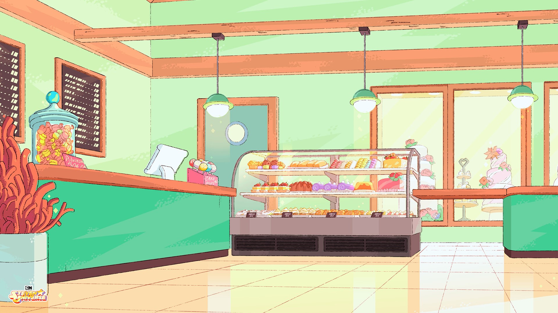 Bakery interior with display cases and counter HD Wallpaper