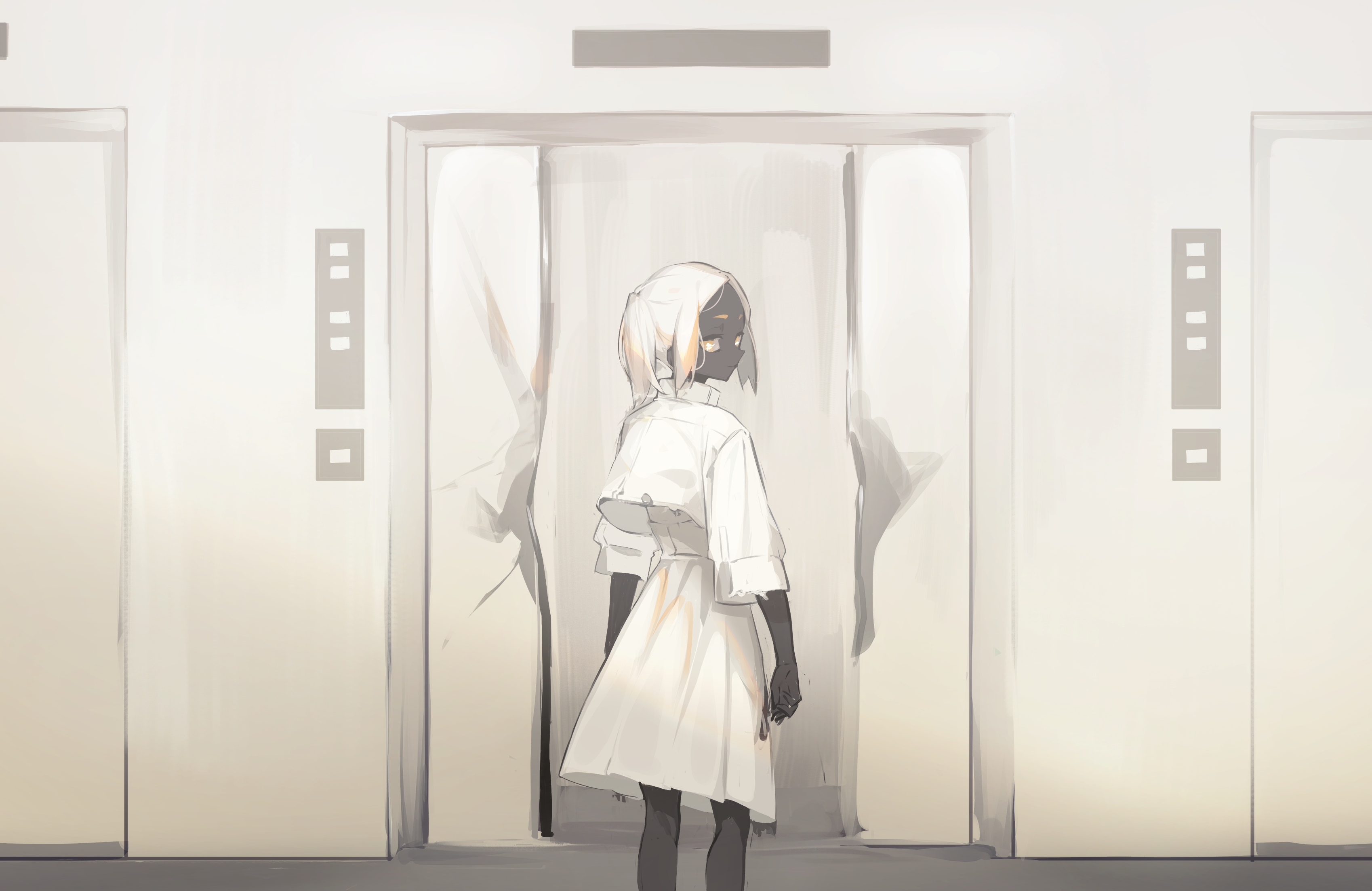 Girl with white hair in a white dress in an elevator HD Wallpaper