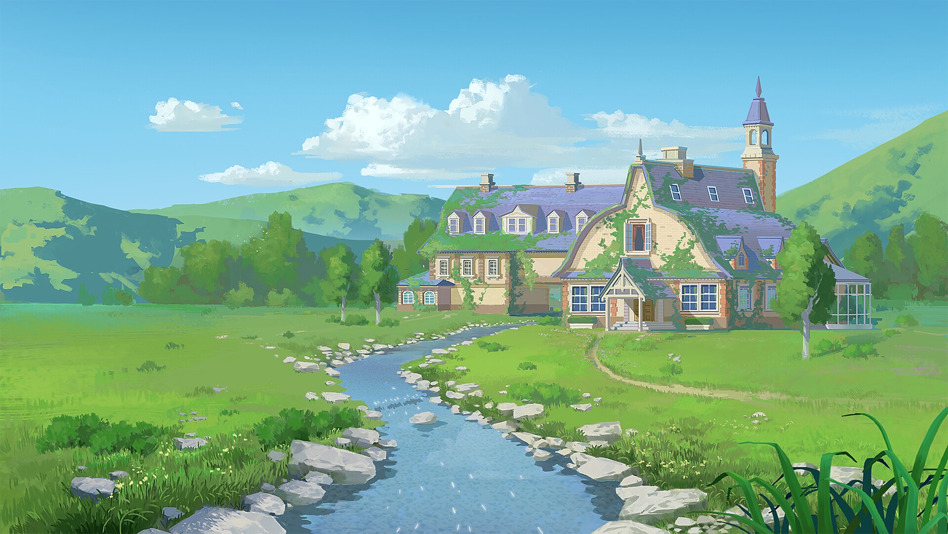 Fantasy cottage by a river in green hills HD Wallpaper