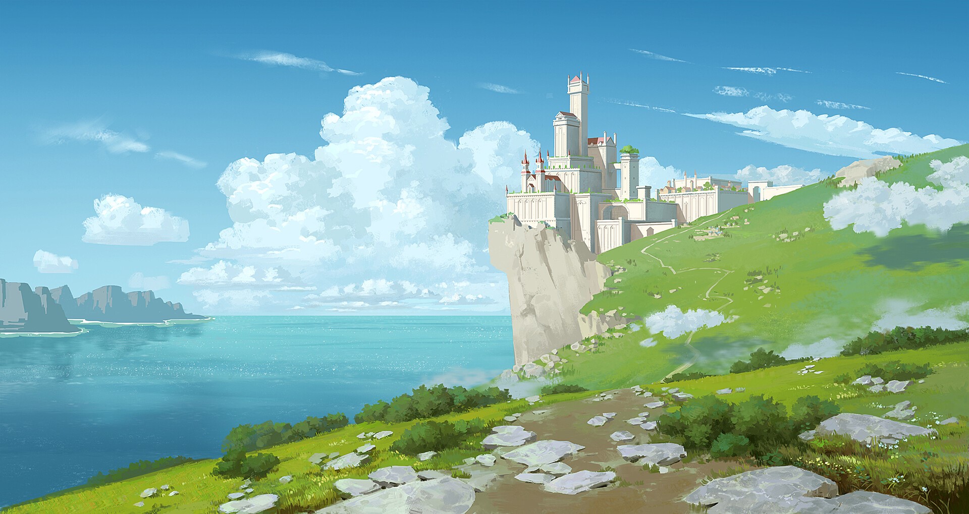 Castle on a cliff overlooking the sea HD Wallpaper