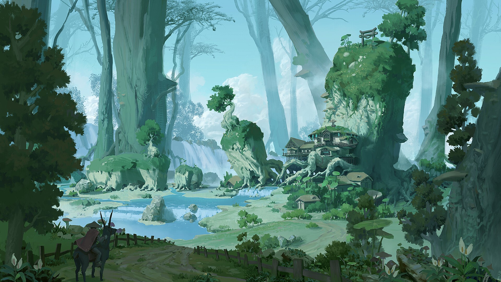 Fantasy village in a lush forest with a river and waterfall HD Wallpaper
