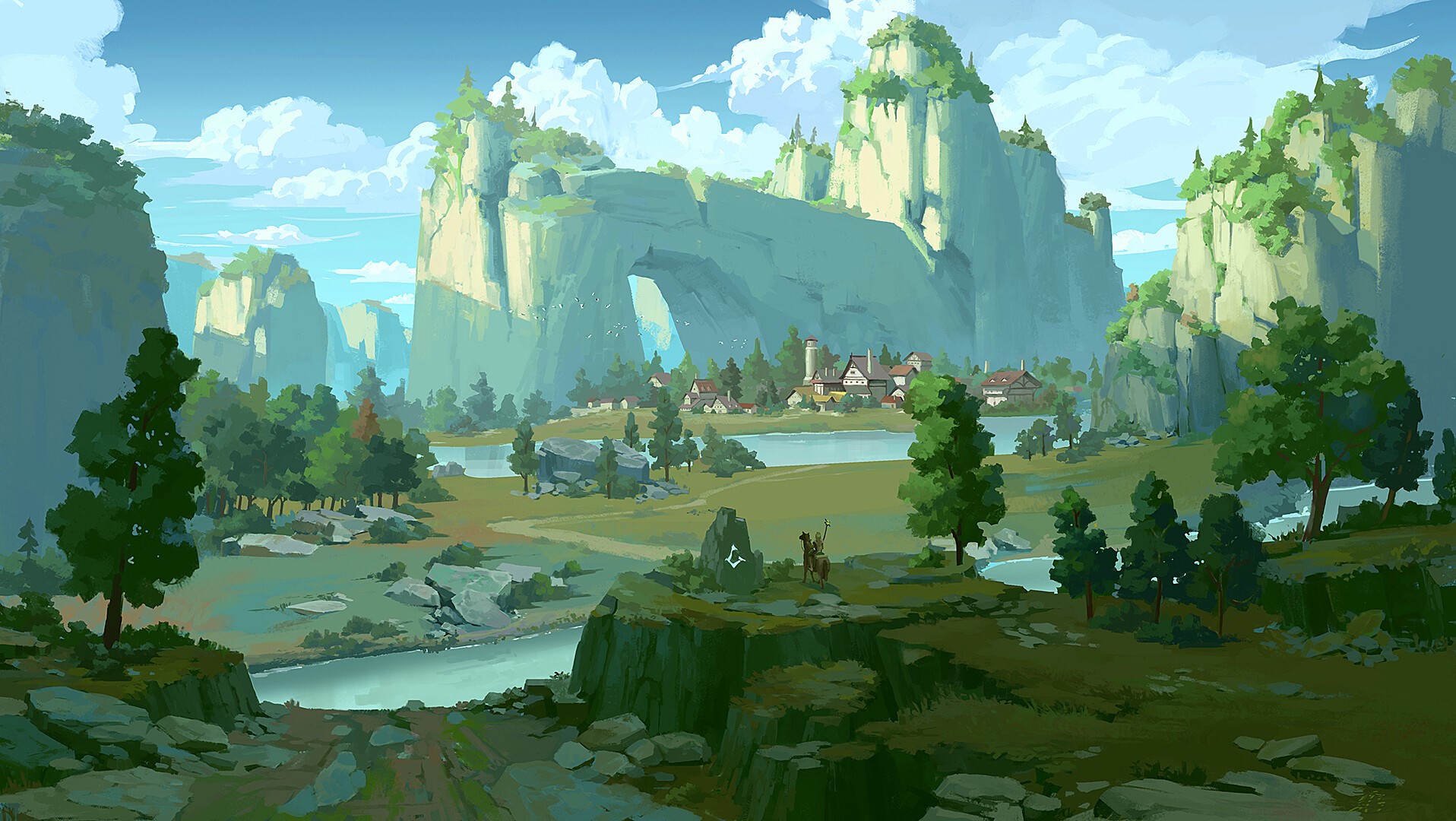 Fantasy village nestled in a mountain valley with a river HD Wallpaper