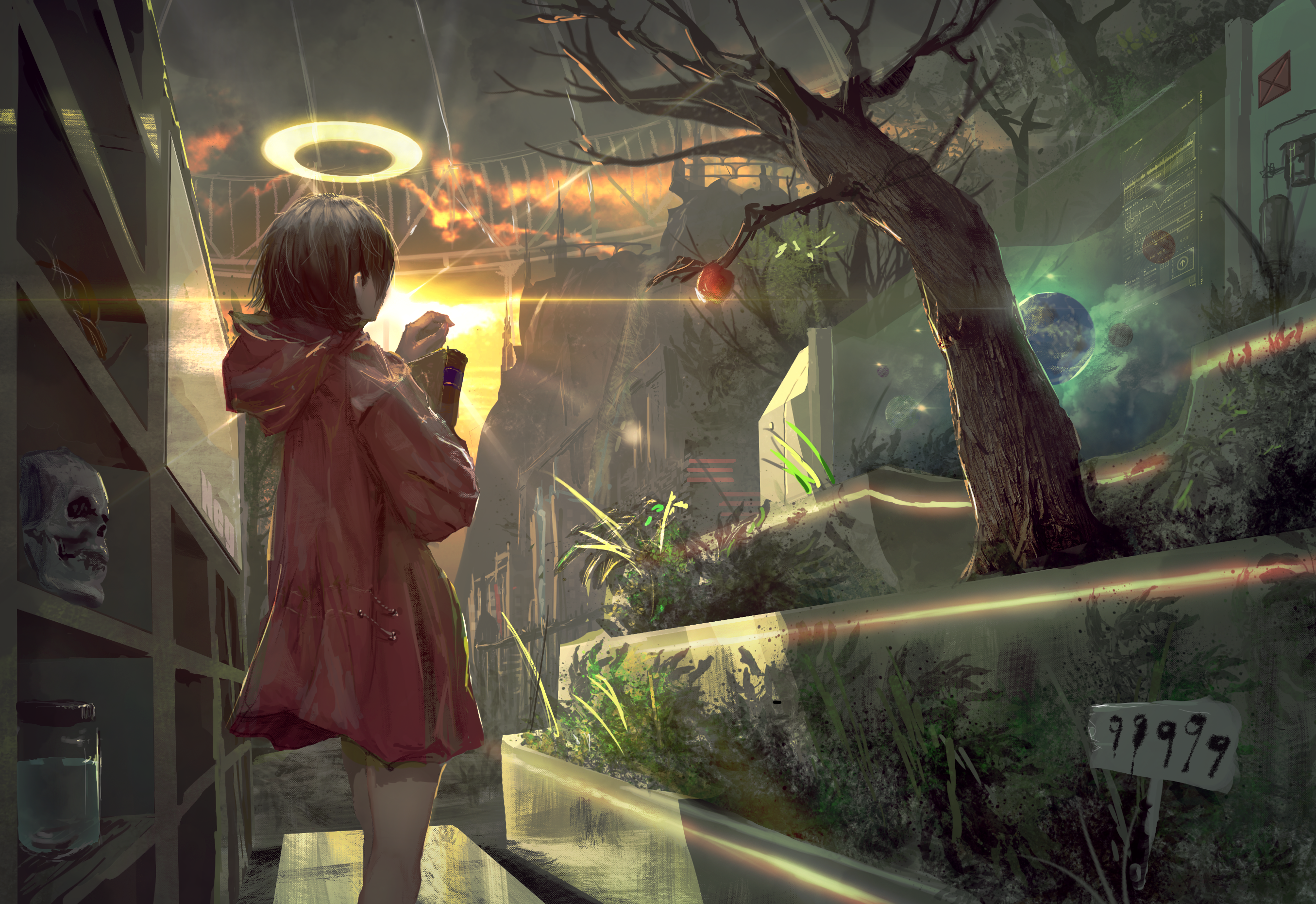 Anime girl with halo in post-apocalyptic garden HD Wallpaper