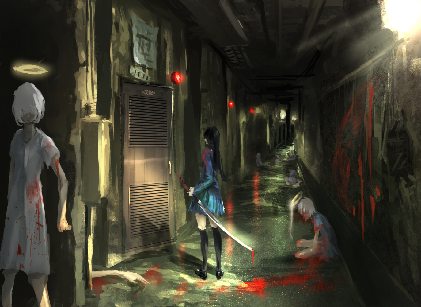 Anime girls in bloody hallway with swords HD Wallpaper
