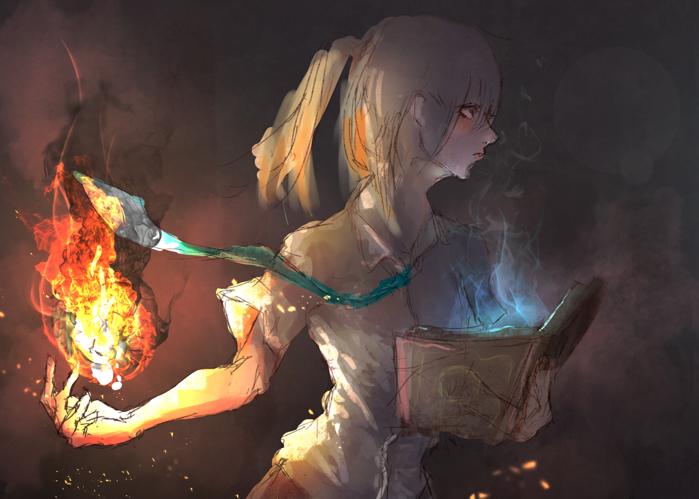 Anime girl casting fire and blue magic from a book HD Wallpaper