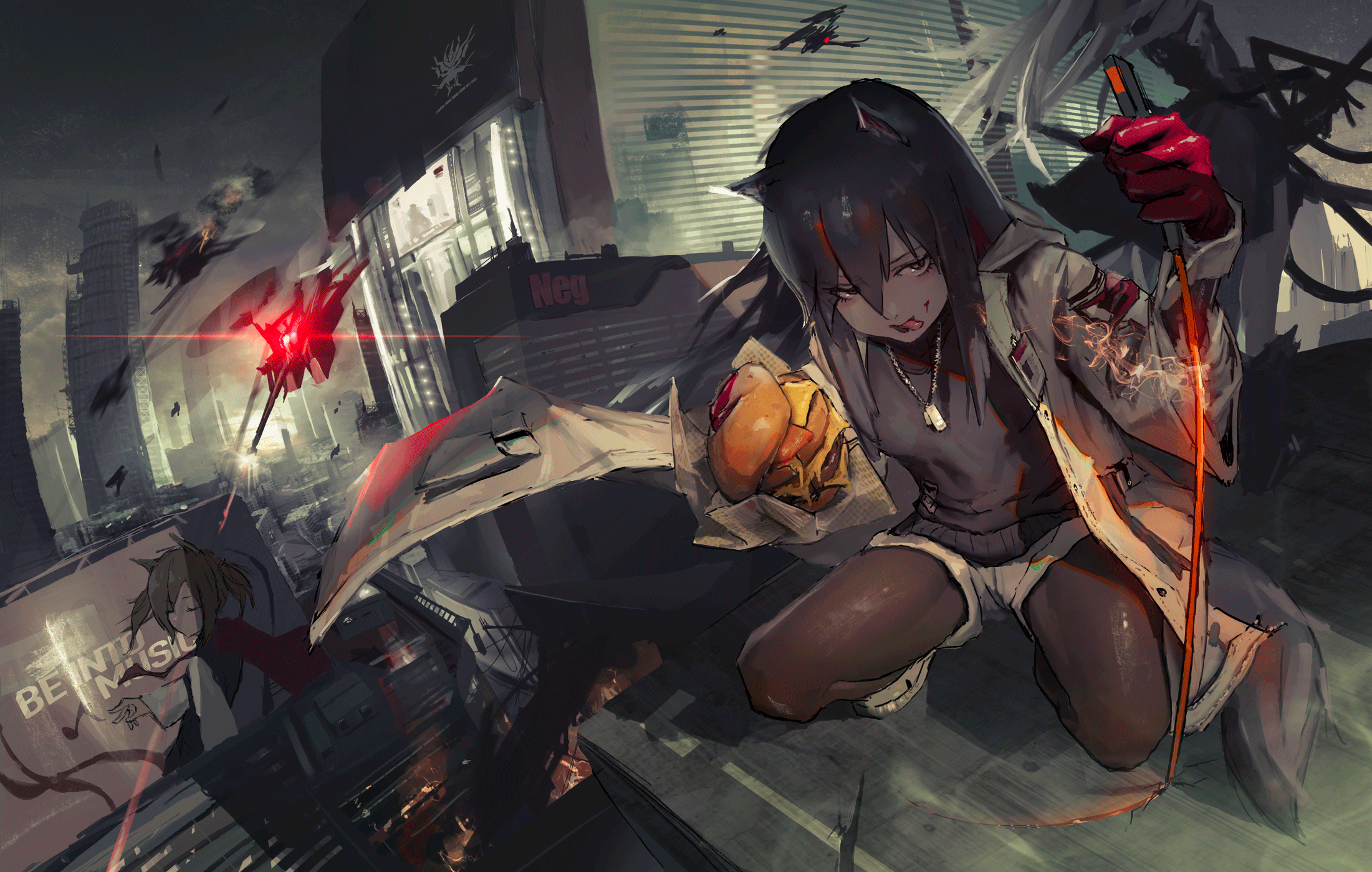Texas from Arknights eating a burger in a city HD Wallpaper