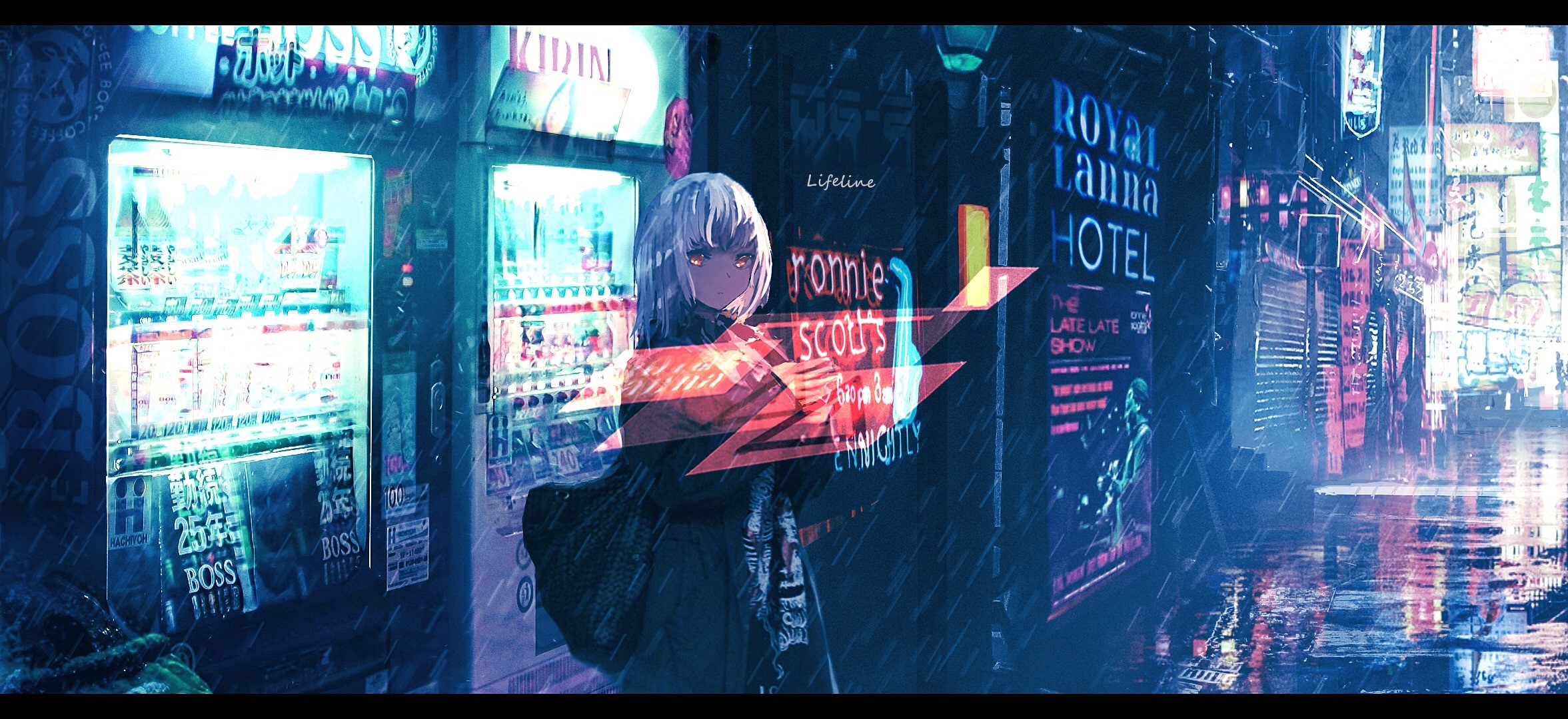Anime girl in a rainy city with vending machines HD Wallpaper