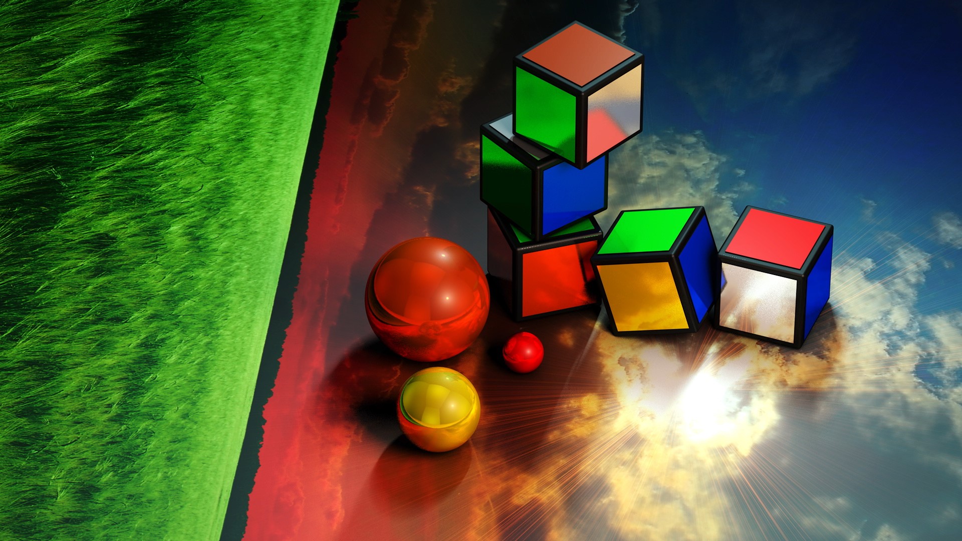 Colorful cubes and spheres on a reflective surface with grass and sky HD Wallpaper