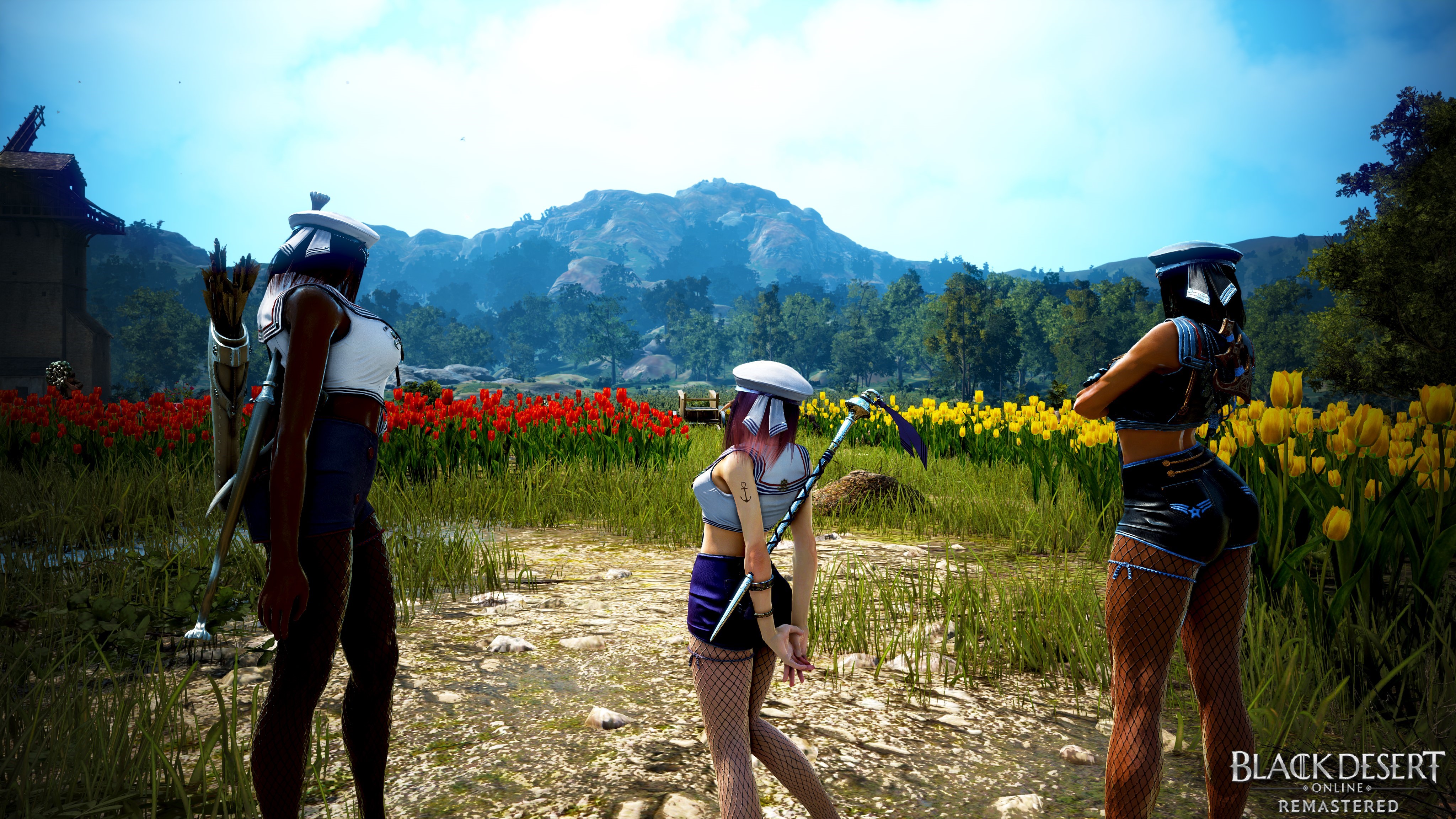 Black Desert Online: Three fantasy girls in a field of tulips HD Wallpaper