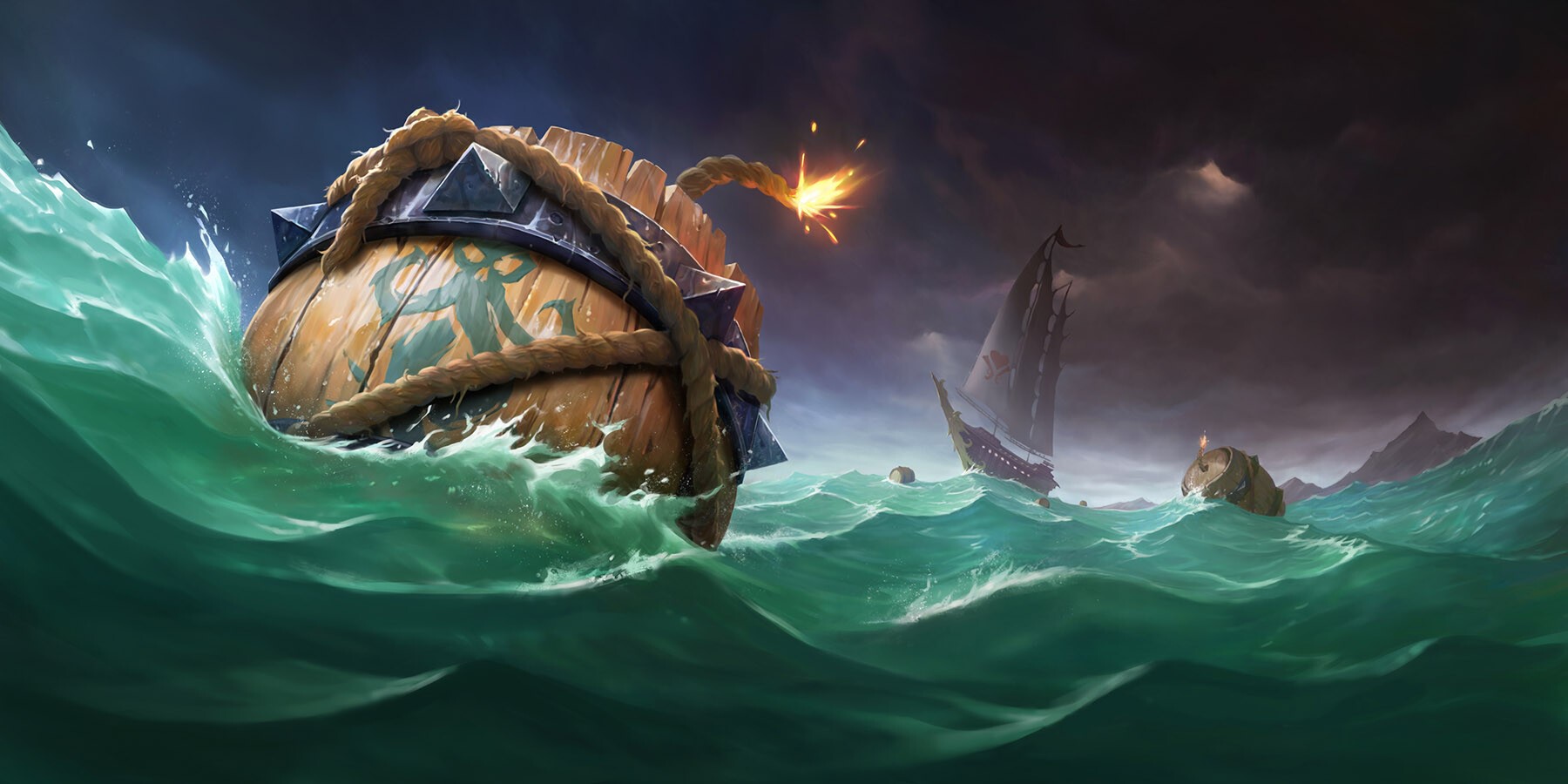 Explosive barrel bomb in rough seas with ships HD Wallpaper