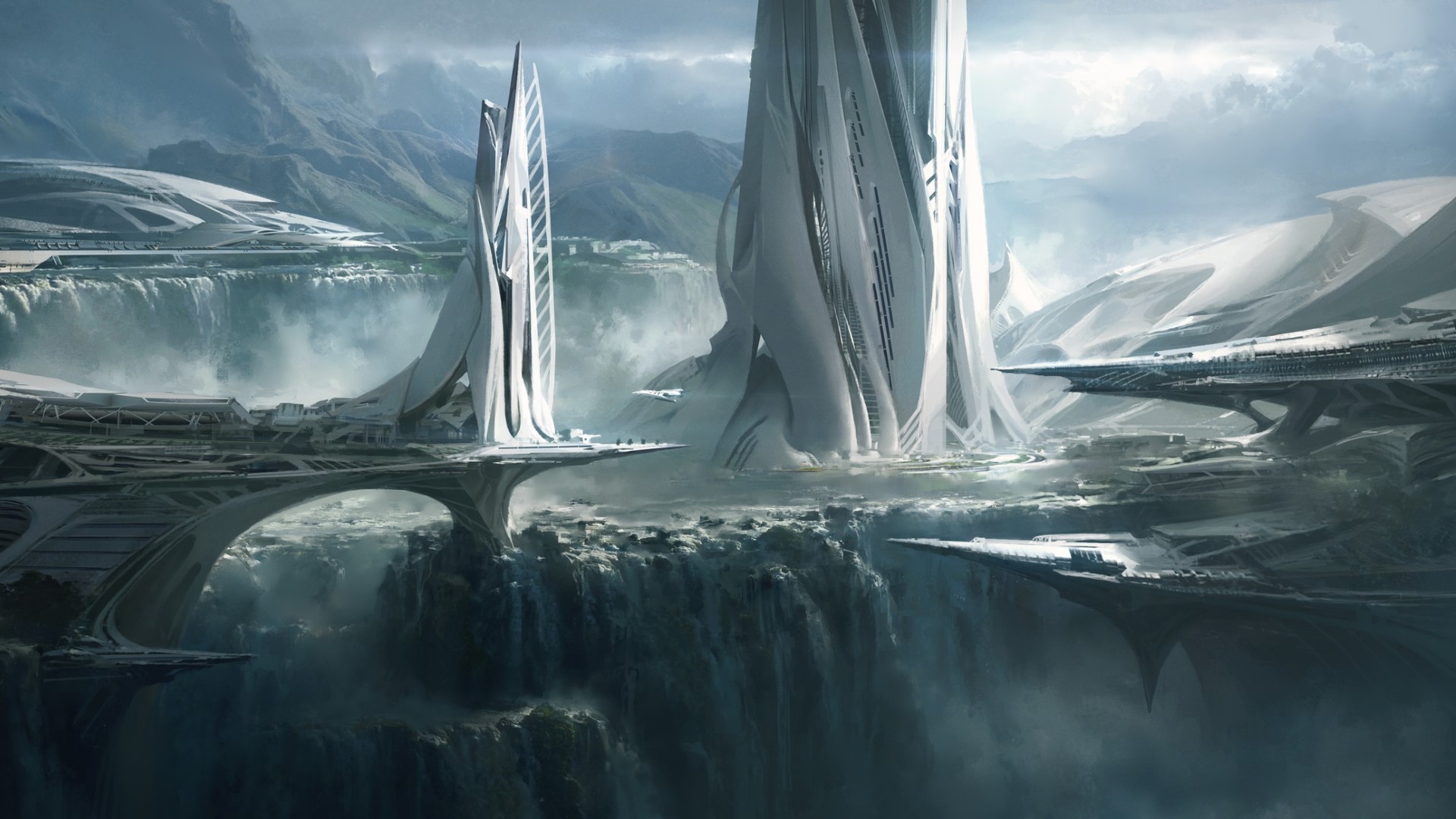 Futuristic city with waterfalls and mountains HD Wallpaper