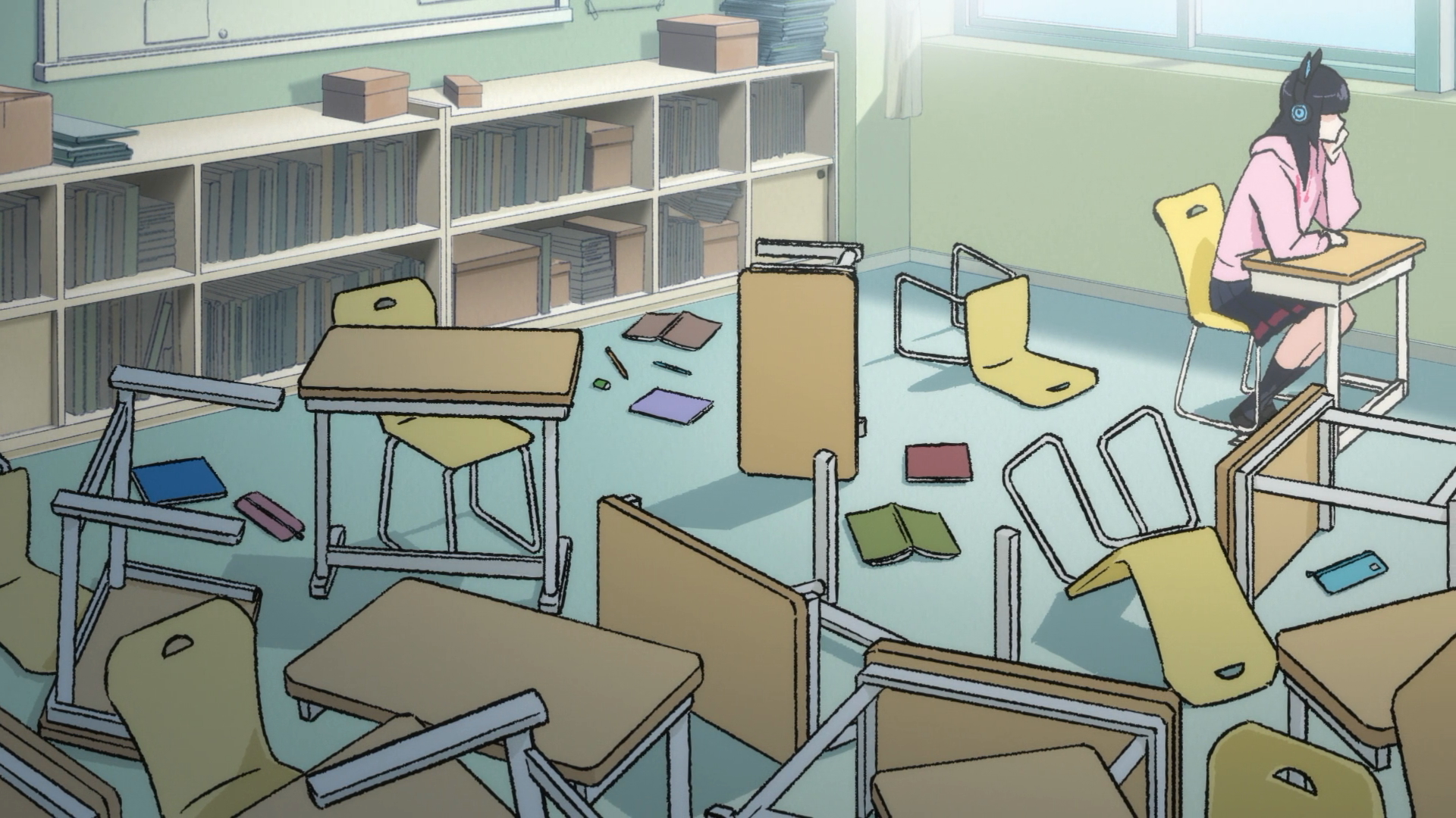 Girl with headphones in a messy classroom HD Wallpaper