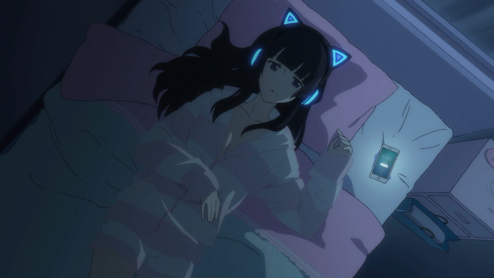 Girl with cat ear headphones in bed with phone HD Wallpaper