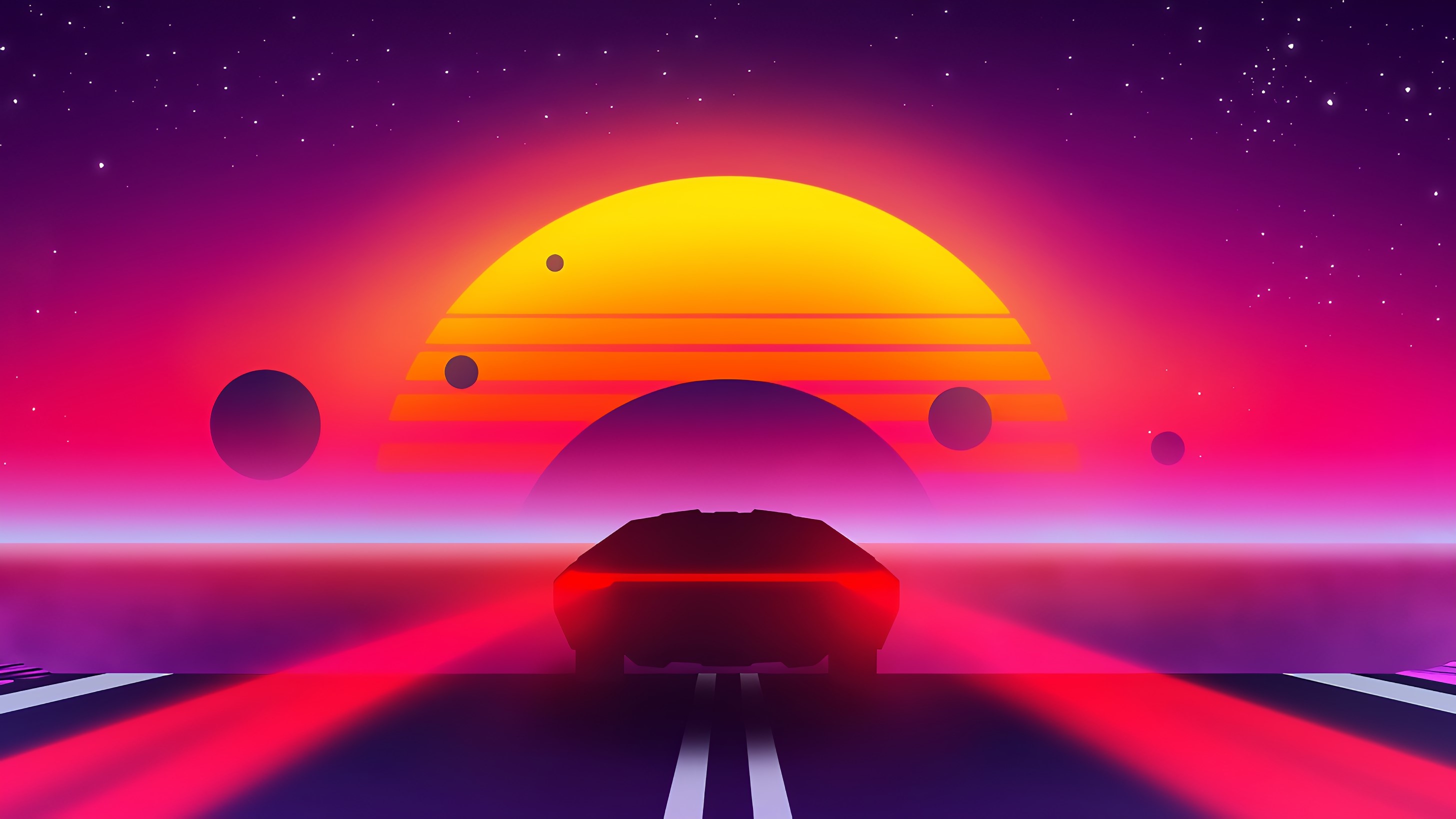 Retro car driving on a road with a large sunset HD Wallpaper