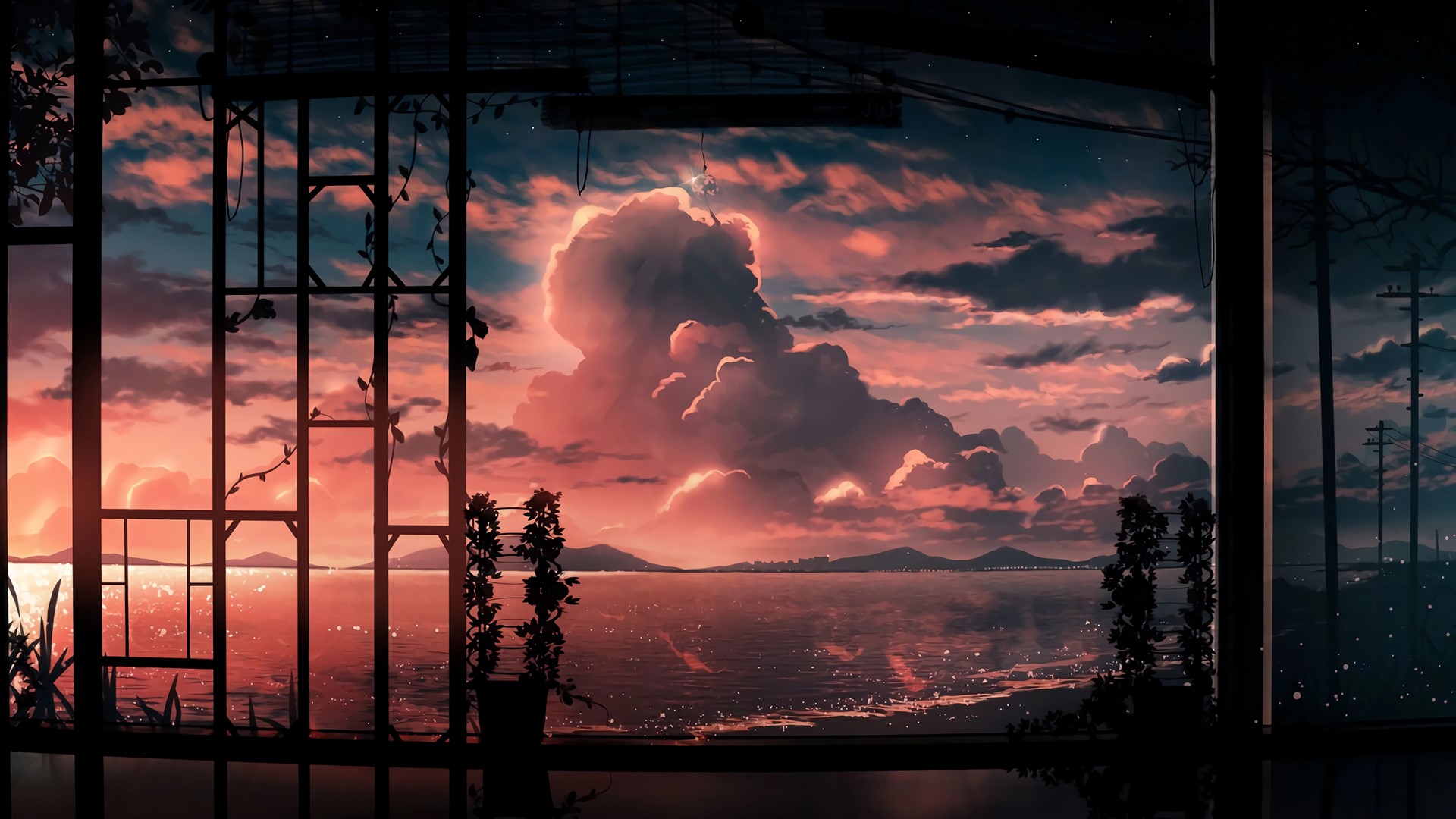 Anime sunset over the ocean with clouds HD Wallpaper