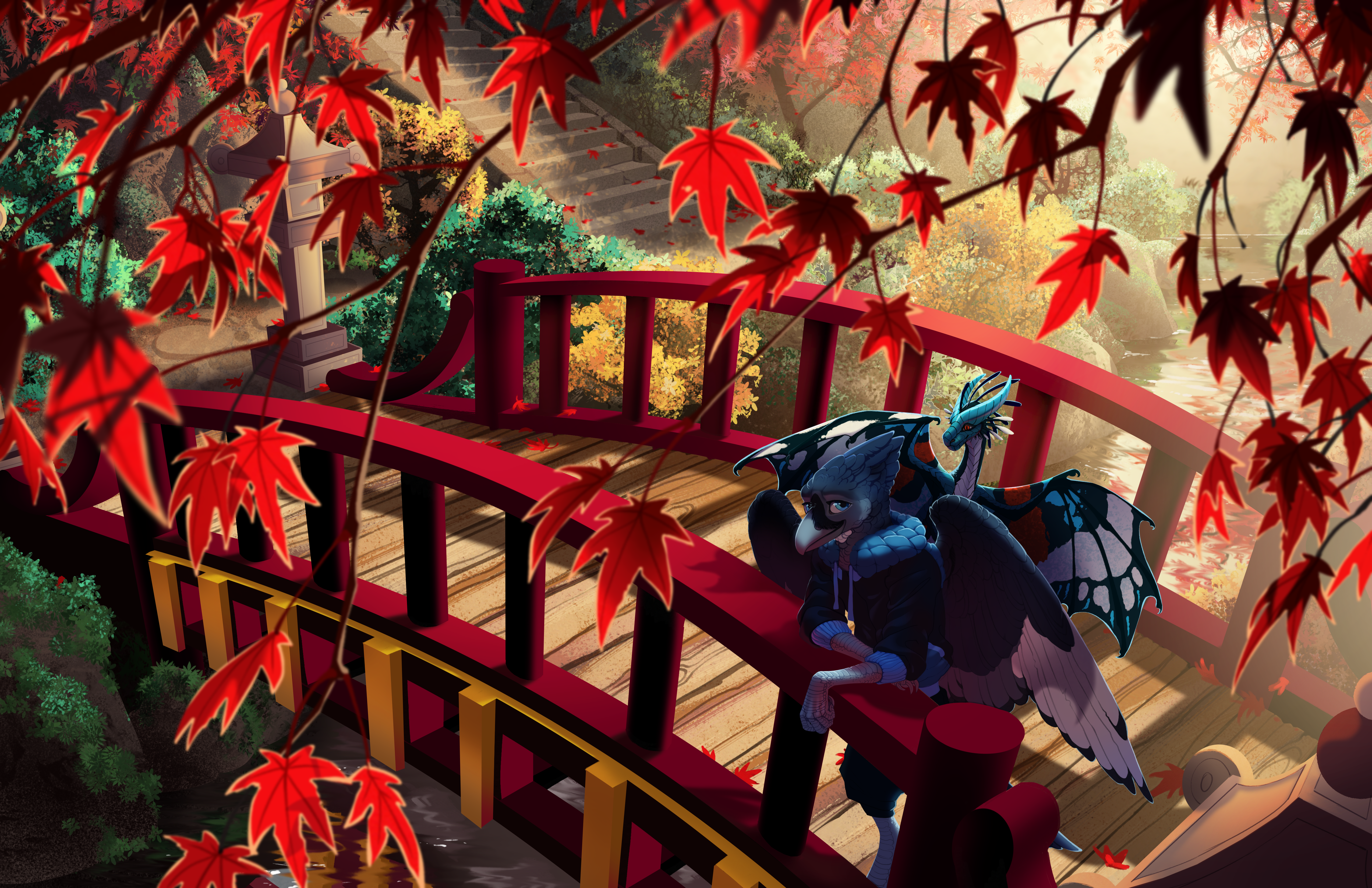 Anthro dragon and bird on a bridge in fall HD Wallpaper