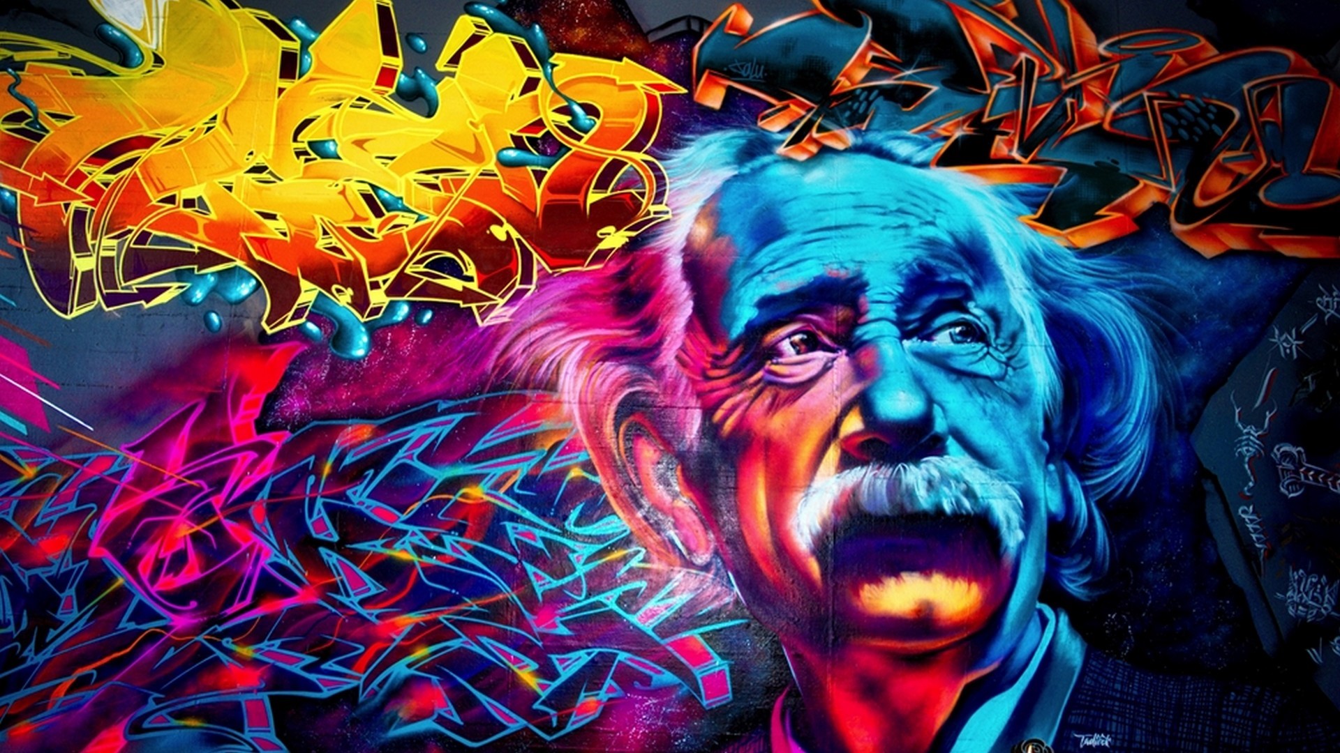 Graffiti portrait of Albert Einstein with colorful abstract art HD Wallpaper