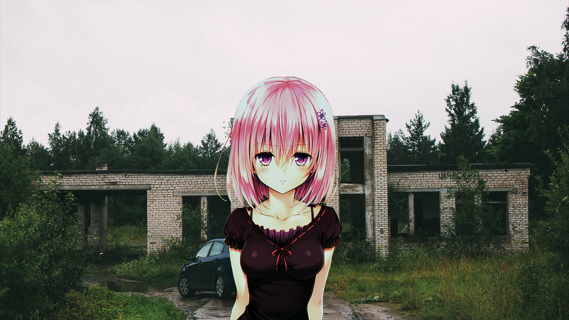 Momo Velia Deviluke from To Love-ru in front of an abandoned building HD Wallpaper