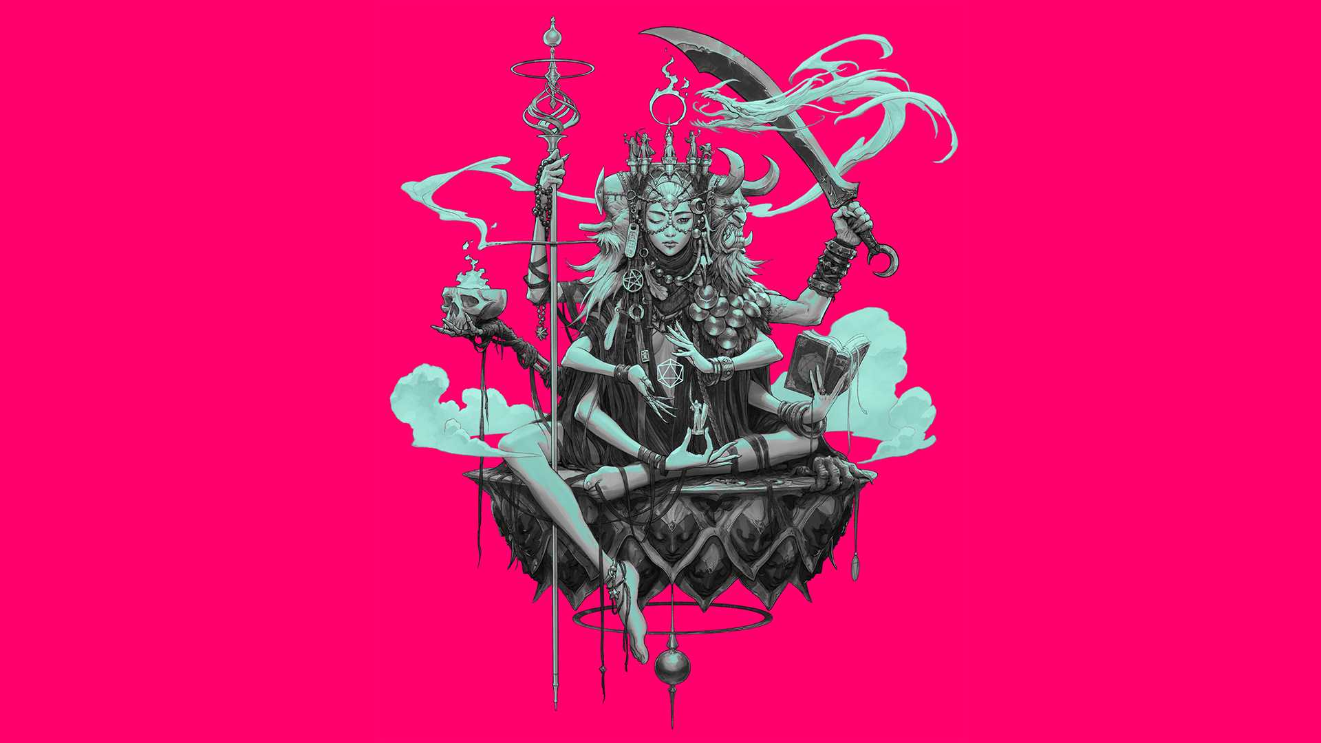 Multi-armed deity with skull and sword on pink background HD Wallpaper