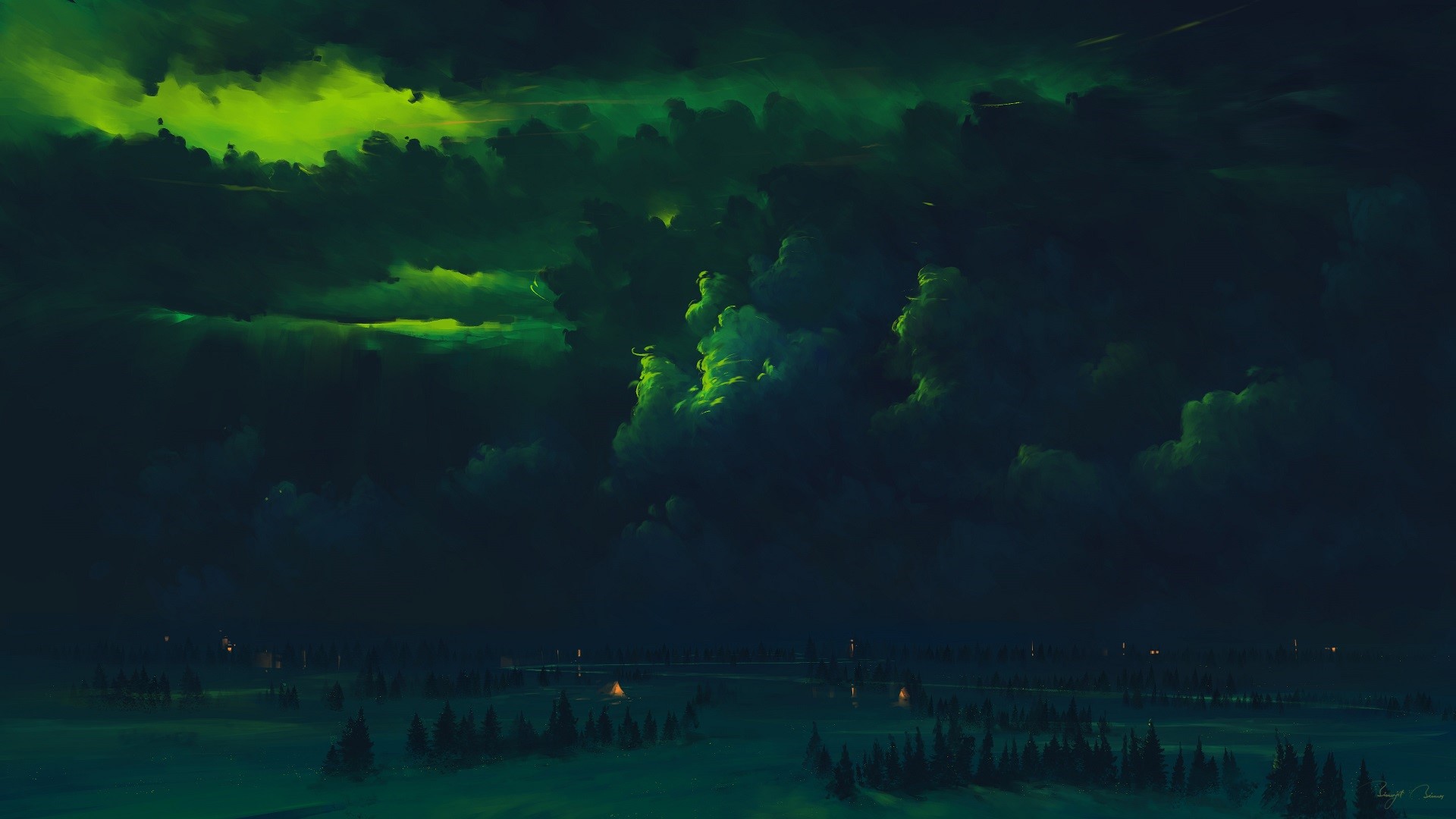 Green clouds over a dark forest landscape HD Wallpaper