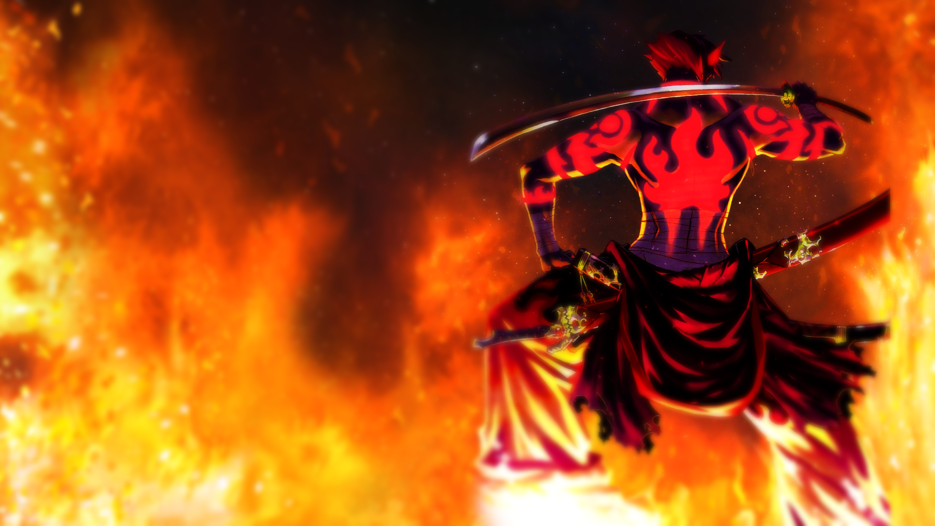 Samurai with flame tattoos in a fiery nebula HD Wallpaper