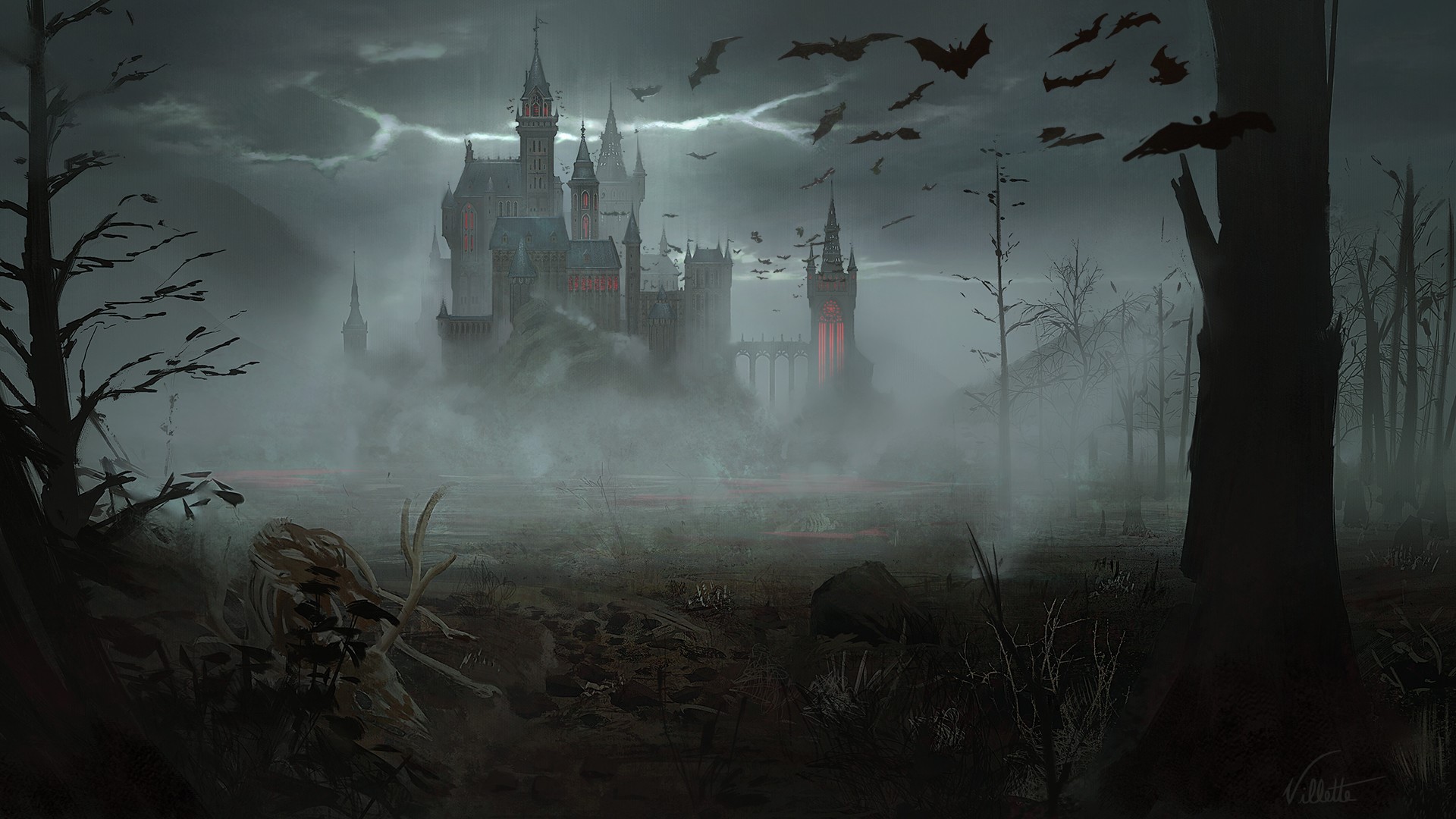 Gothic castle in a foggy forest with bats and bones HD Wallpaper