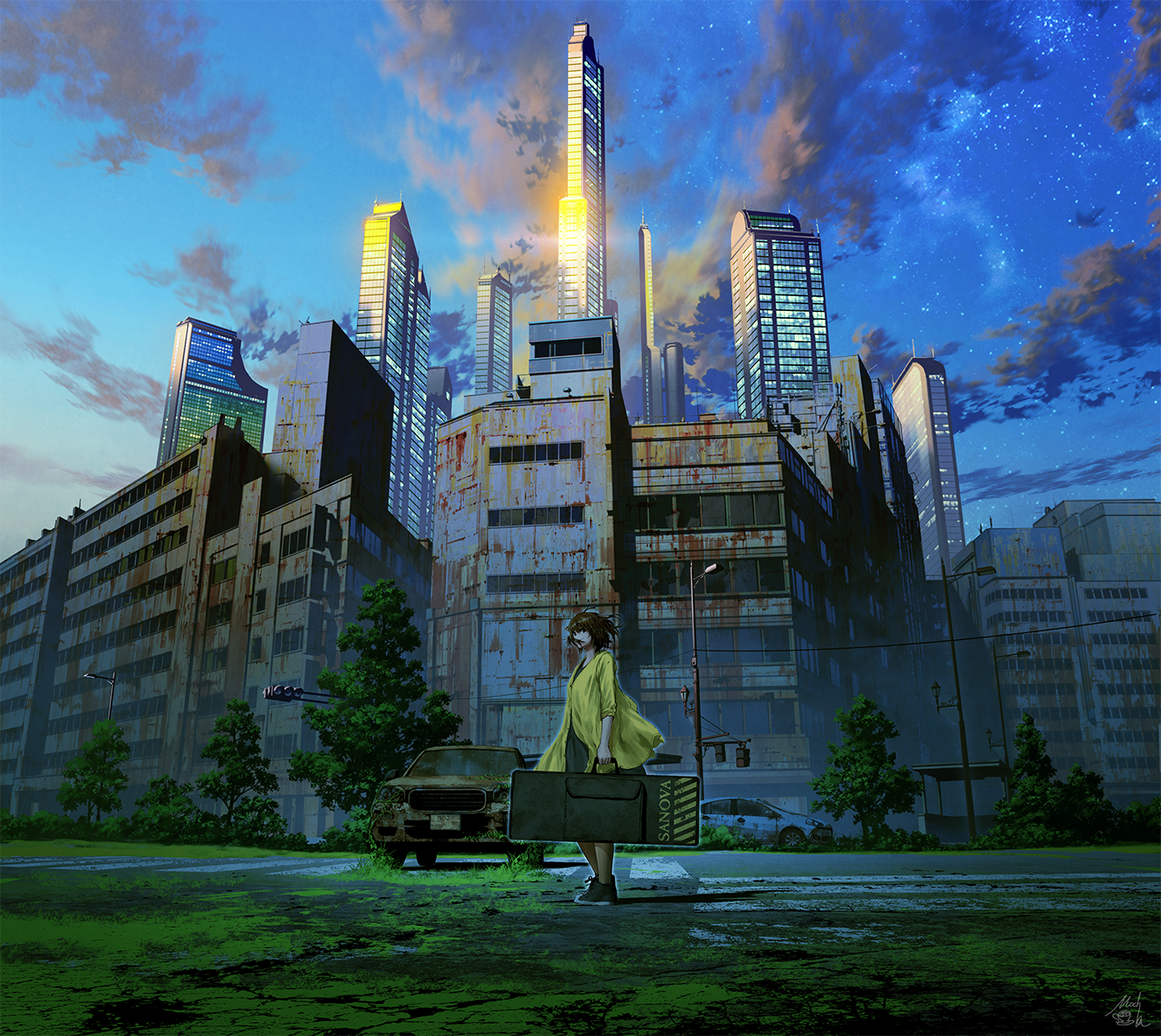 Anime girl with suitcase in ruined city with skyscrapers HD Wallpaper