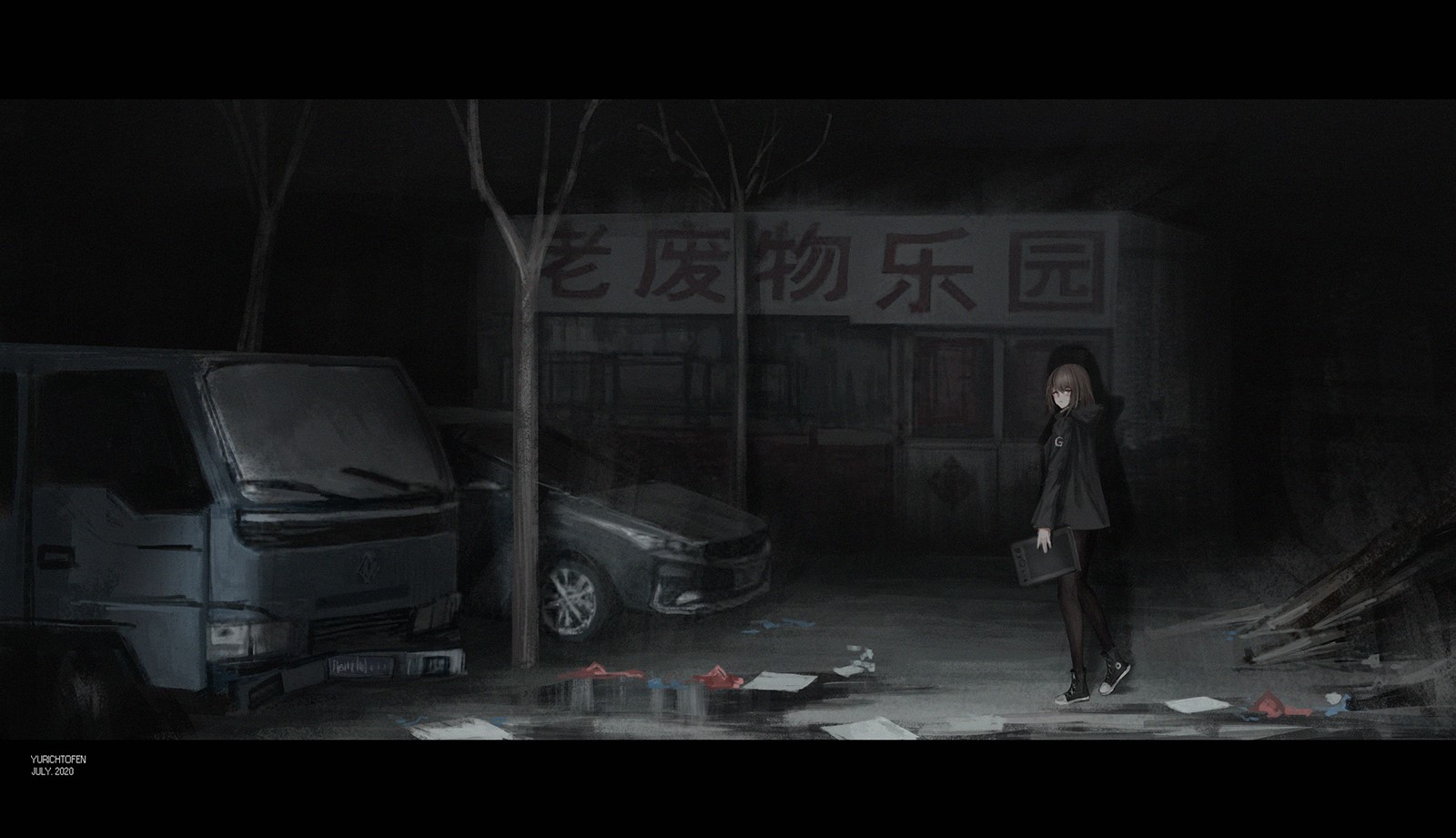 Anime girl in dark alley with abandoned vehicles HD Wallpaper